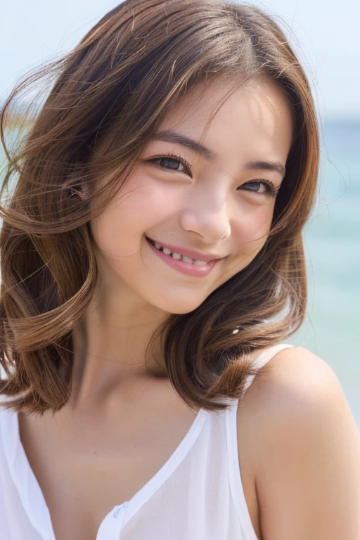 (Raw photo, best image quality: 1.4), (random hairstyle:1.2)、brown hair, super detail face、double eyelid、(cute woman:1.4)、(beautiful woman:1.4)beach、whole body、(whole body写真:1.4)、white shirt、white camisole、standing position、walking、small breasts:、(smile:1.4)、front