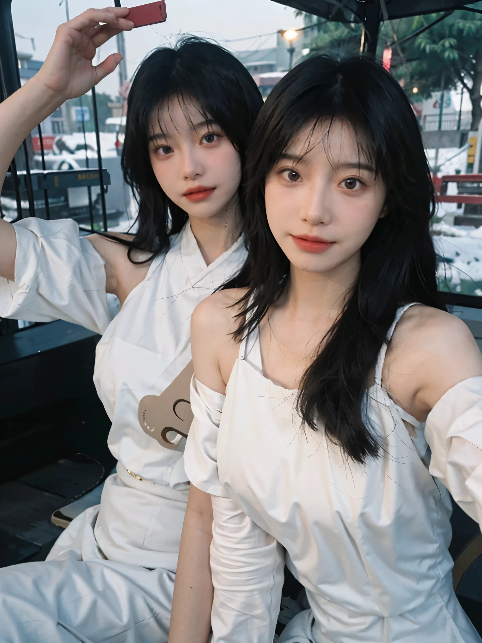 Film portrait photography, 2 girls, 2 girls,twin,bare shoulders, Shoulder length wavy hair, Snow-white cheongsam,(Realistic and detailed eyes, natural skin texture, Realistic facial details),, depth of field, Bokeh, Vibrant details, Detailed and detailed, Surrealism, 35mm film, hazy, ,Selfie,
