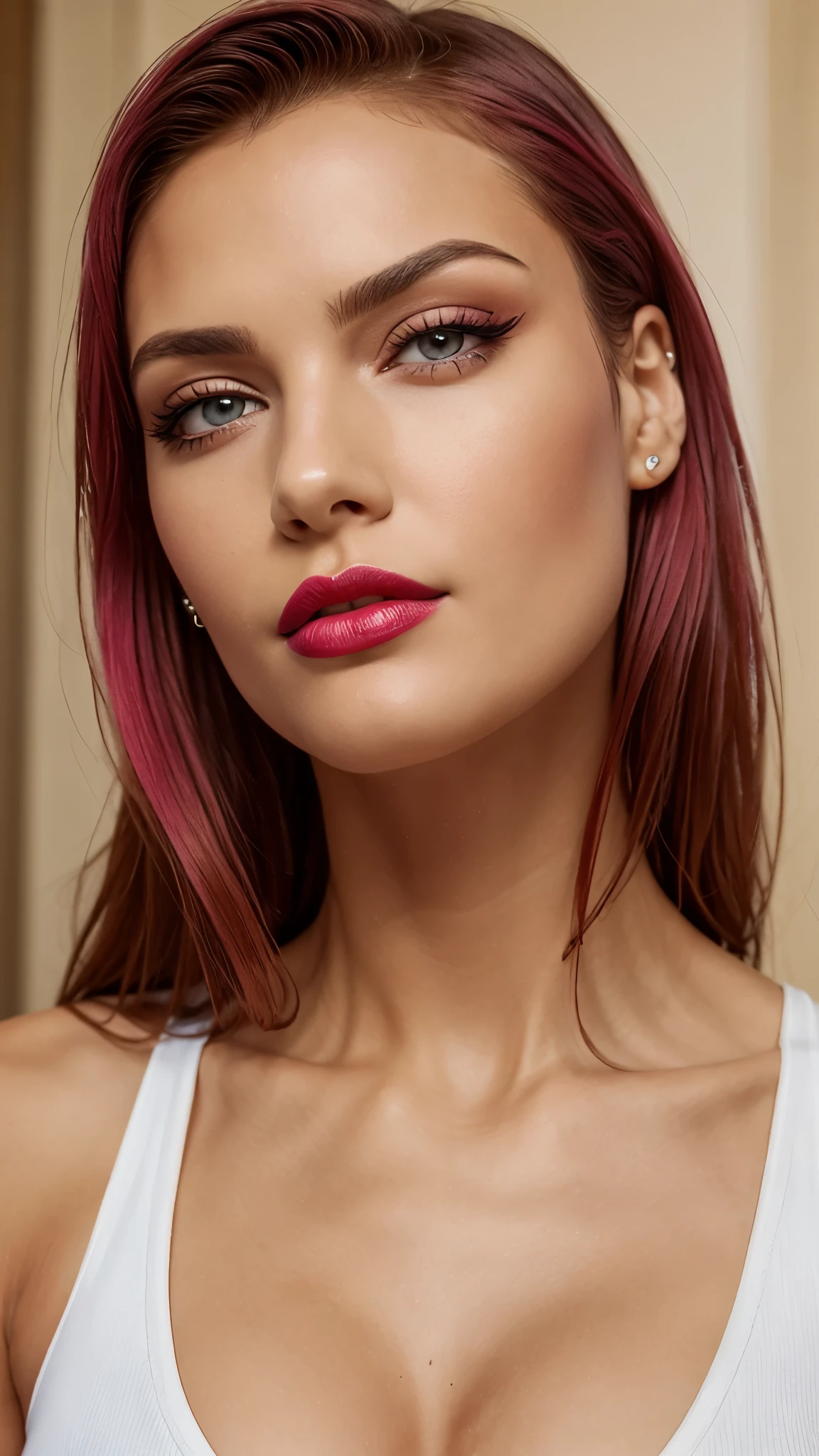 Pink make-up,  pink lipstick, slicked back red hair, Detailed Face, Detailed Lips, Detailed Eyes, 