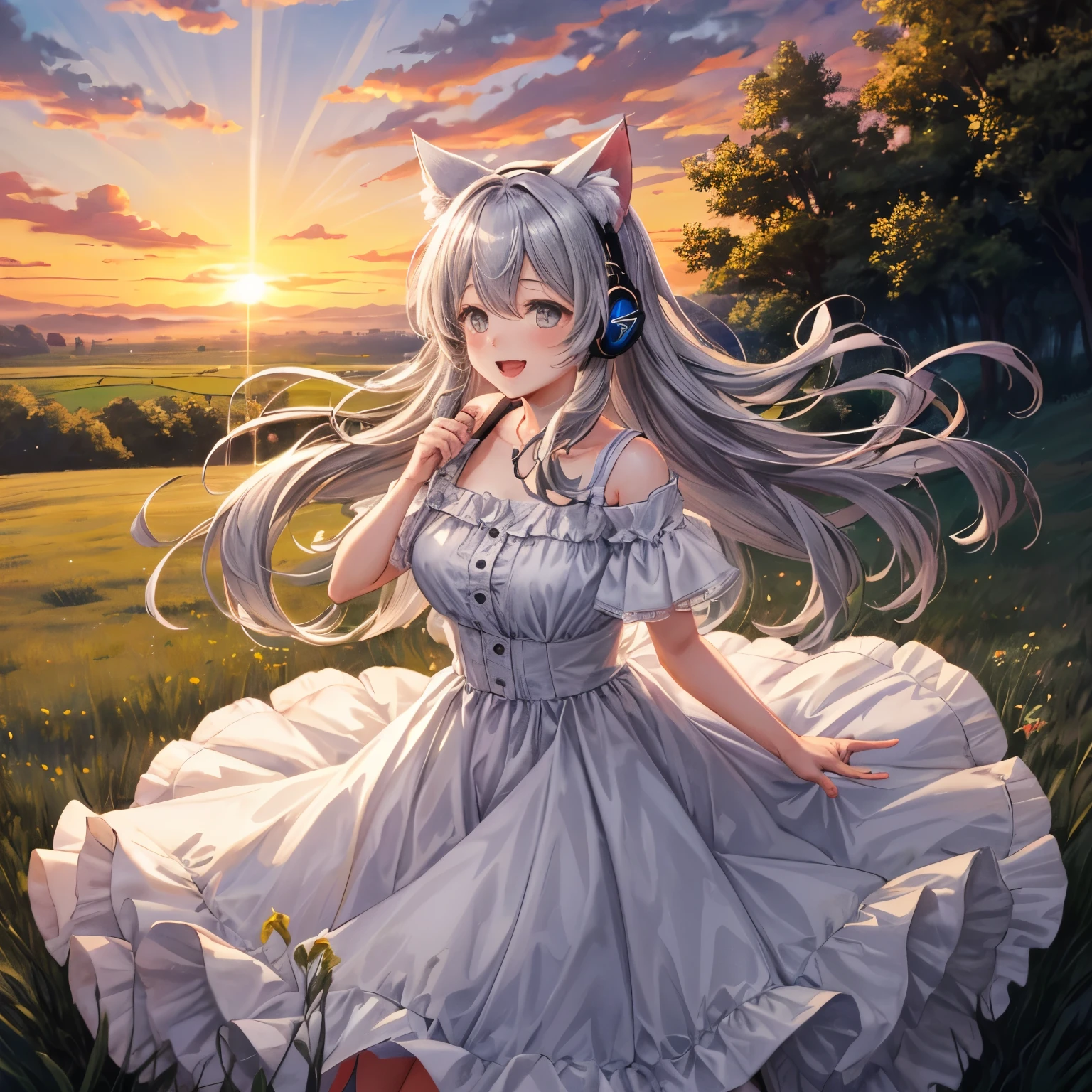 Anime girl in a white dress with long hair and ears - SeaArt AI