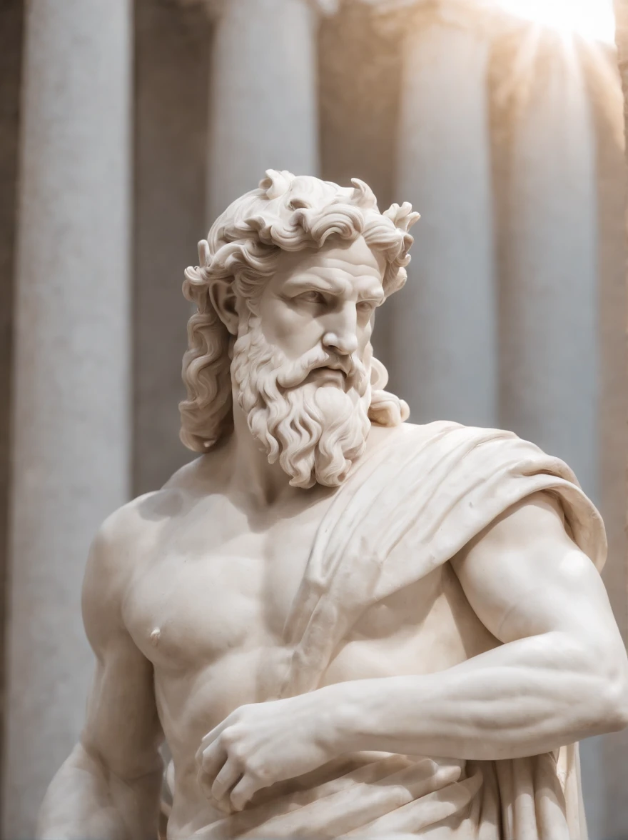 Crie uma imagem 8K inspiradora representando um Zeus grego ,Forte, olhando para o lado, immortalized as a bust statue, Single bust statue, com detalhes minuciosos, white marble, ancient greek mythology
