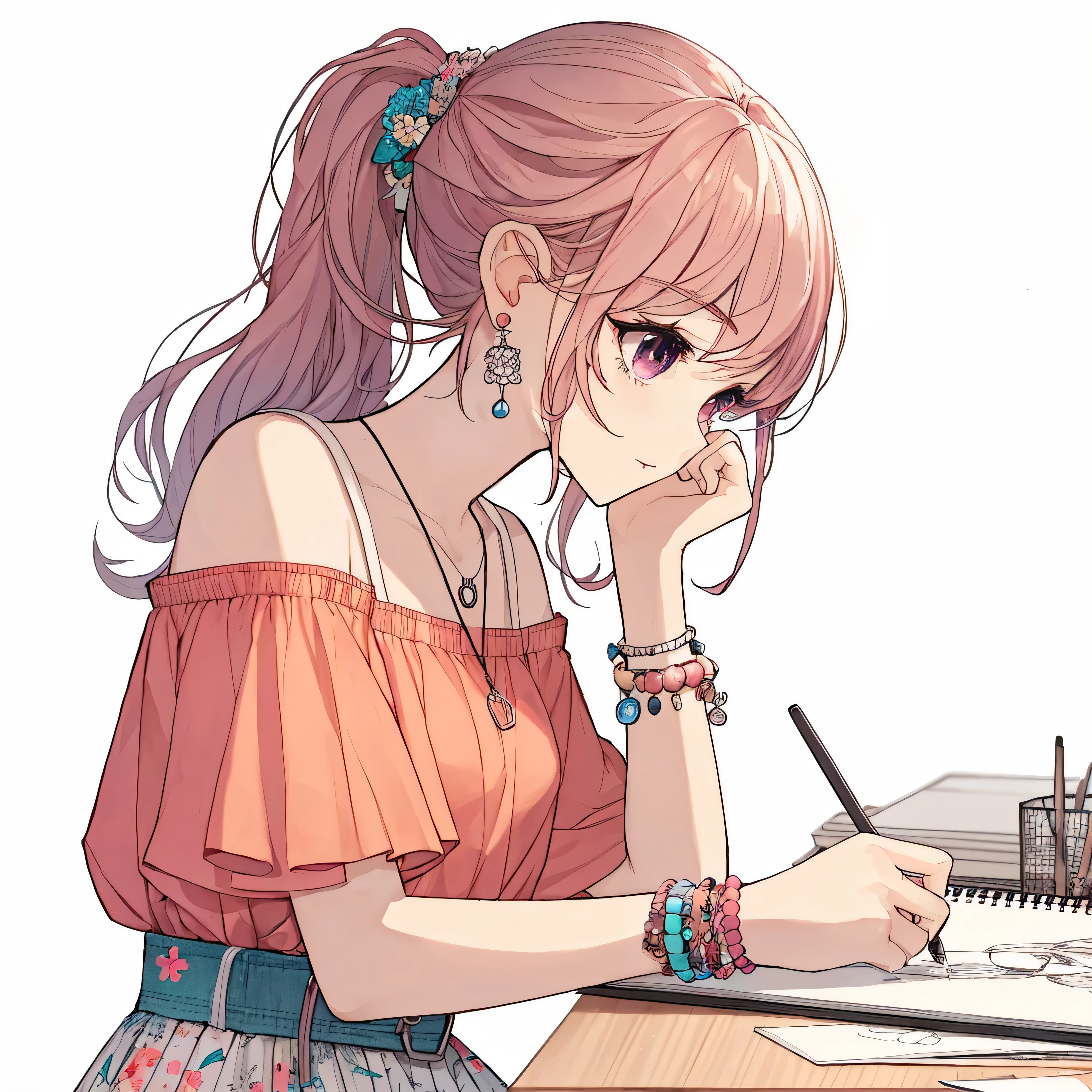 1 girl, human, young, slim, designer, working on a sketchbook, at the design studio, break side ponytail, medium hair, amount, pink hair, BREAK cute eyes, pupil black, iris pink, BREAKIf々nice face, BREAK casual chic style, Brightly colored tops, unique patterned skirt, BREAK unique earrings, handmade bracelet, BREAK anime style, flat high quality illustration, BREAK at the design studio, dawn, spring, Focus on work, not looking at the camera, Break the white background