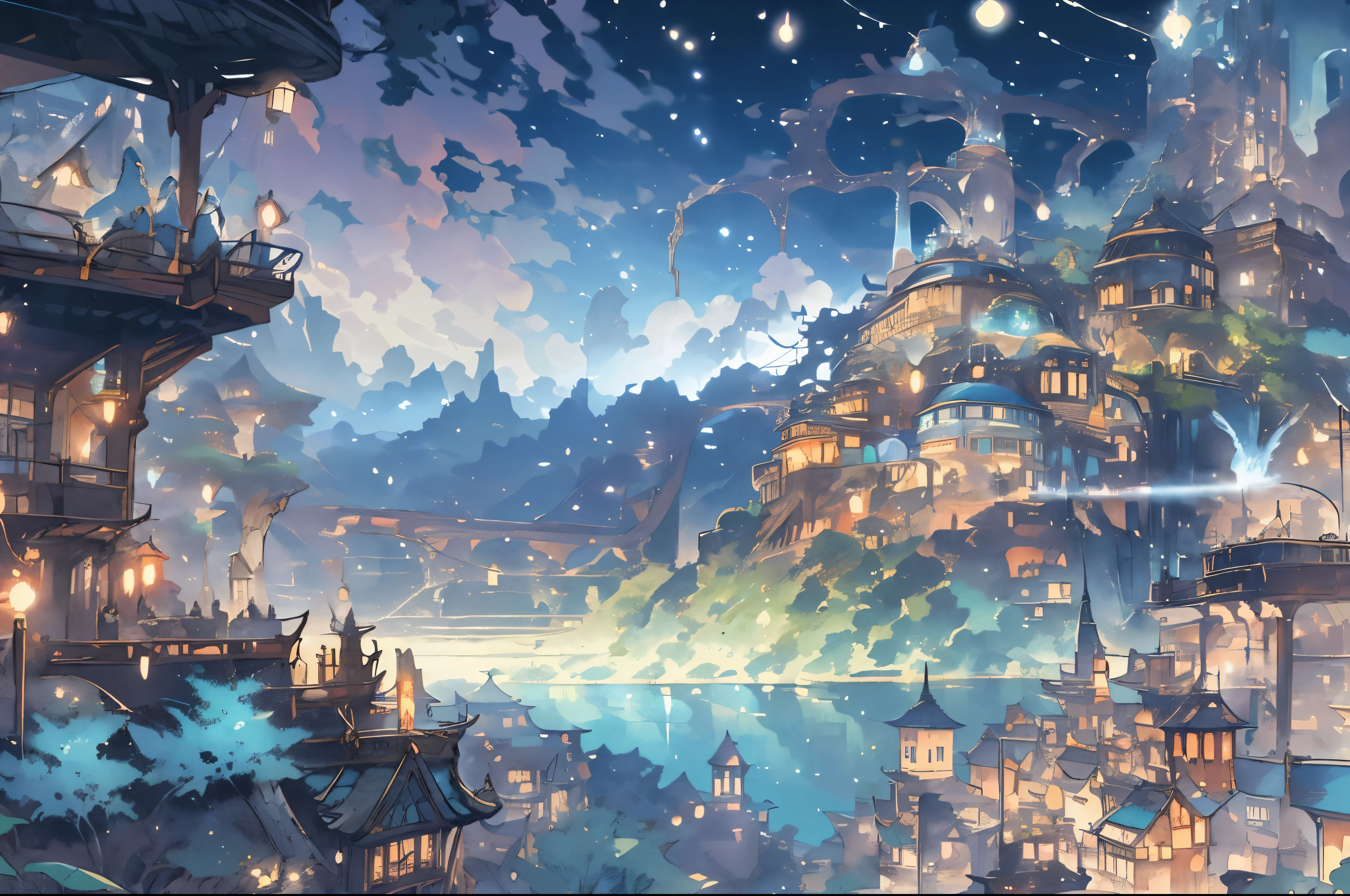 new Hayao Miyazaki, bright colors, Beautiful and detailed characters, exotic landscape, great atmosphere, gentle soft lighting, Fantastic music, fantastic creatures, intricate details, hand drawn illustration, complex pattern, A fascinating storyline, fantasy elements, vast scenery, light wind, Delicate cherry, flowing river, towering mountain々, Idyllic village, mysterious forest