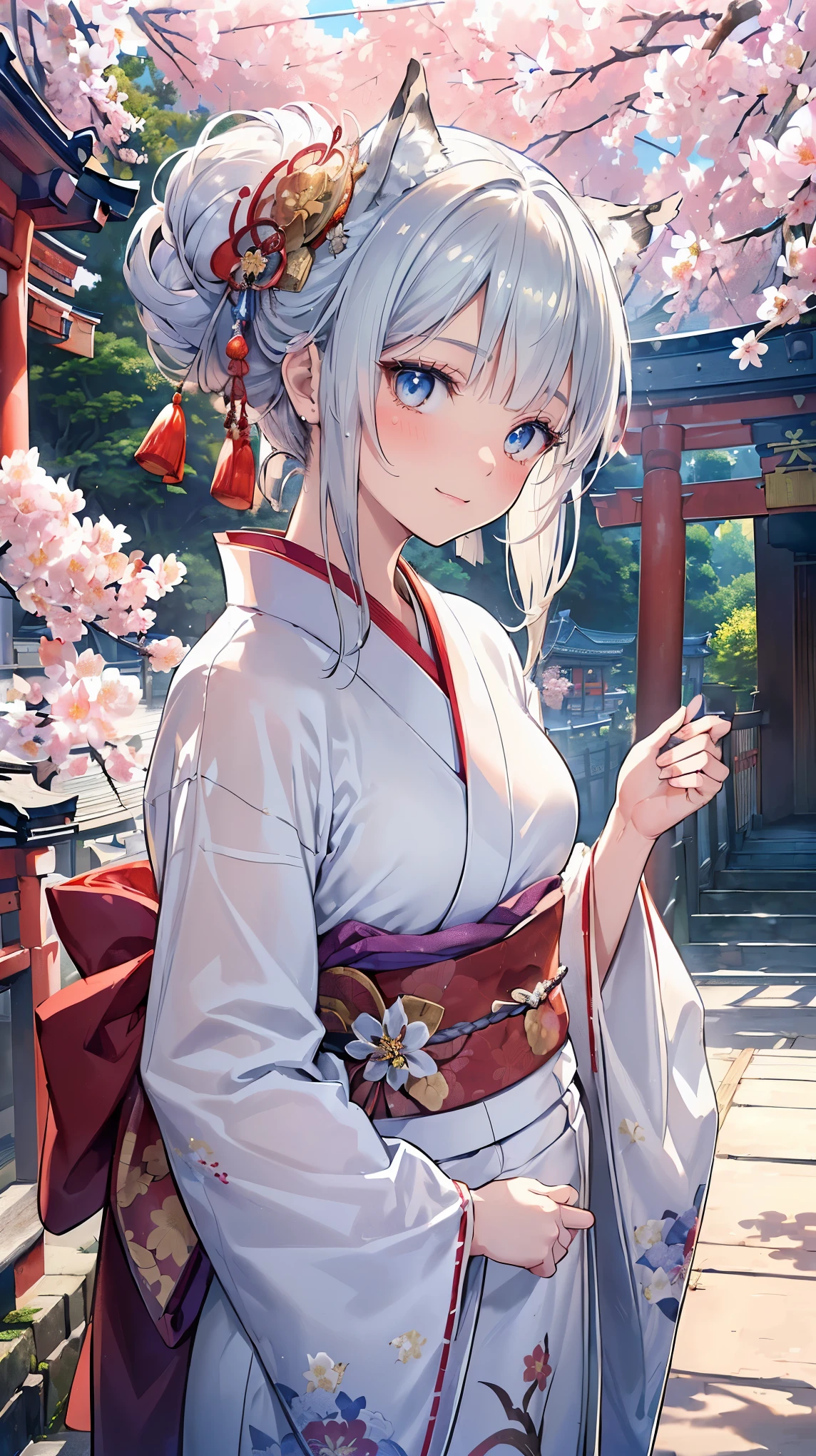 (((Masterpiece))), (((Highest quality))), ((Ultra-detailed)), ((Super fine illustration)), ((Ultra-fine painting)), (16K highest quality wallpaper:1.4), (Upper body:1.6), HDR, (Highly detailed and delicate illustration style:1.8), Detailed skin texture, Detailed cloth texture, Extreme detailed description, (T-masterpiece), (Highly detailed face:1.2), (Highly detailed silver fox ears:1.2), (Highly detailed shiny silver half updo:1.2), (Highly detailed clear eyes:1.2), Original, RAW photo, Professional, Intricate details, Super details, Direct light:1.6, (Perfect anatomy:1.4), (Highly detailed hands:1.2), (Highly detailed fingers:1.2), (Highly detailed fingertips:1.2), (16-years-old), Real, (Solo:1.8), ((A beautiful and cute silver fox girl who is an idol and wears a bright red long-sleeved kimono with a floral pattern:1.4)) BRAKE (Beautiful and adorable silver fox ears:1.6), (Highly detailed and delicate silver fox ears:1.4), (Beautiful and well-shaped big breasts:1.2), (Beautiful and well-shaped buttocks), (Beautiful and shiny silver half updo:1.6), (Highly detailed and delicate silver half updo:1.2), (Beautiful clear blue eyes that shine with great detail:1.6), (Highly detailed and delicate blue eyes:1.2), (Highly detailed face:1.4), (Smile:1.5), (Blush:1.4), (Looking at viewer:1.4), (Celebration:1.4) BRAKE (Bright red long-sleeved kimono with floral pattern:1.4), (Japanese traditional costume:1.2) BRAKE (Concept art:1.2), (Detailed fantasy art:1.2) BRAKE (Highly detailed and delicate Ise Grand Shrine in Mie Prefecture in the background just after noon in spring:1.6), (Standing in front of the torii gate:1.4), (Celebration:1.4), Ise Grand Shrine:1.4, Torii gate of Ise Shrine:1.4, cherry blossoms:1.2, Very beautiful in the sunny sky background just after noon:1.4 BRAKE 