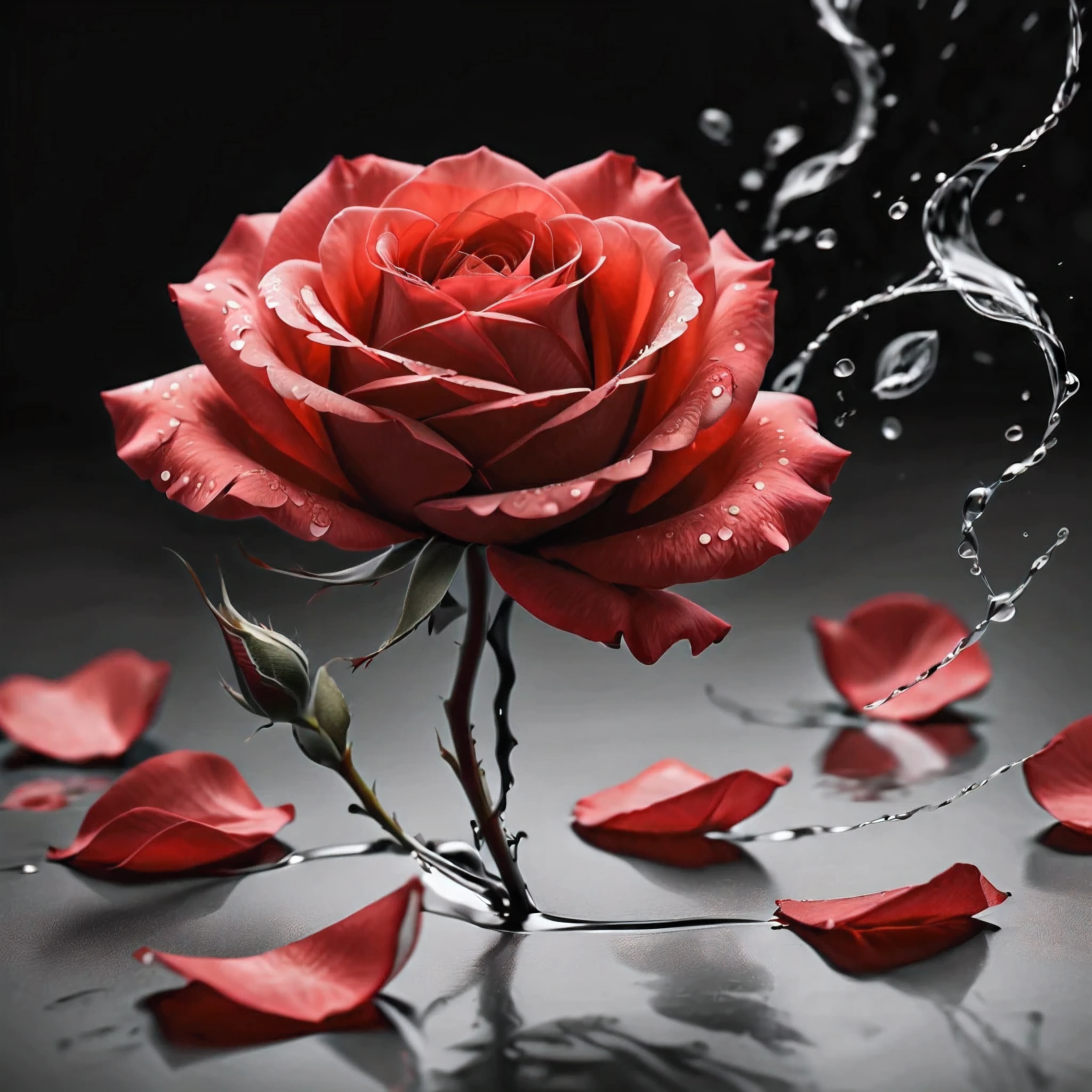 ((Selective color)), Drawing of Delicate Red Rose Petals floating by the winds, smooth lines, fine art piece, Express expressions and postures through ink contrast, emphasize light, shadow and space. figurative art, (best quality, 4K, 8k, high resolution,masterpiece:1.2) ,(actual, photoactual, photo-actual:1.37). 