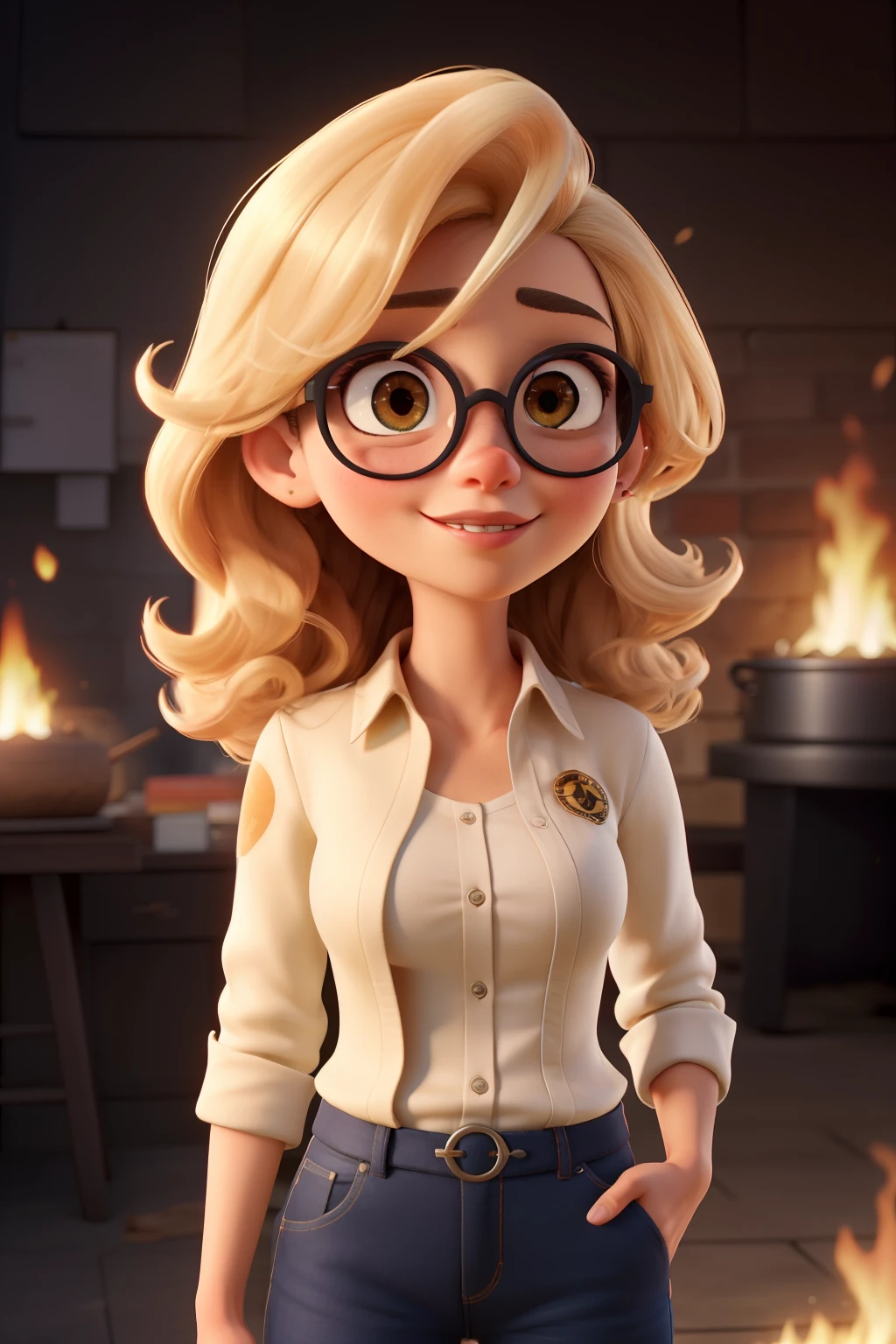((melhor qualidade)), ((obra de arte)), (detalhado), rosto perfeito, mulher, idade 50 anos, cabelos loiros, olhos castanhos, oculos redondo, uniforme de postode combustivel
