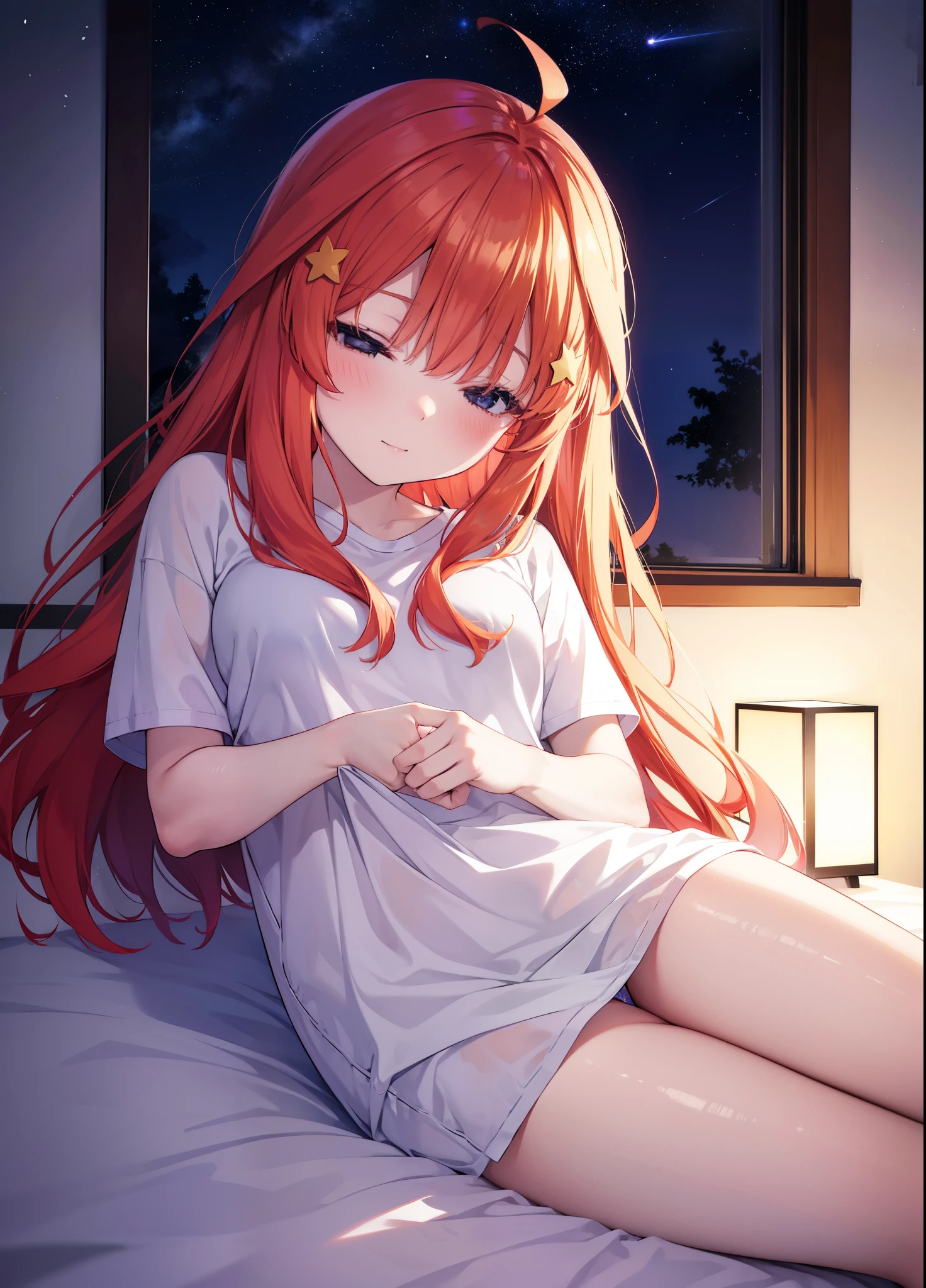 itsukinakano, Itsuki Nakano, bangs, hair between eyes, Ahoge, redhead, ,girl sleeping with both eyes closed,smile,Bedroom,light goes out, windows,romantic starry sky,A meteor crosses,T-shirt,red underwear,sleeping in bed,night,sleeping on my back in bed,dark room,night月明かり
break indoors, Bedroom,
break (masterpiece:1.2), highest quality, High resolution, unity 8k wallpaper, (shape:0.8), highly detailed face, perfect lighting, Very detailed CG, (perfect hands, perfect anatomy),