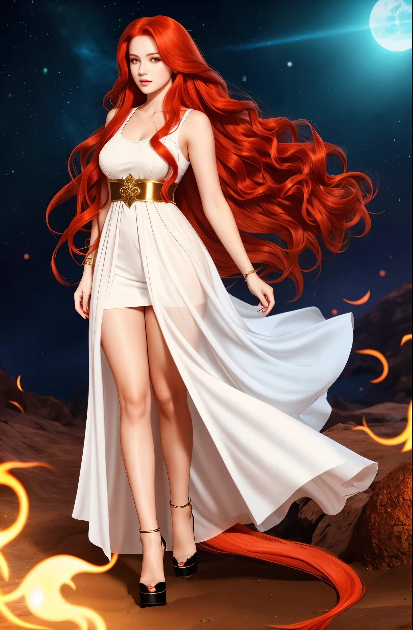 full body shot, woman with long red hair wearing a white top, rusty colored long hair, long glowing ethereal hair, very long wavy fiery red hair