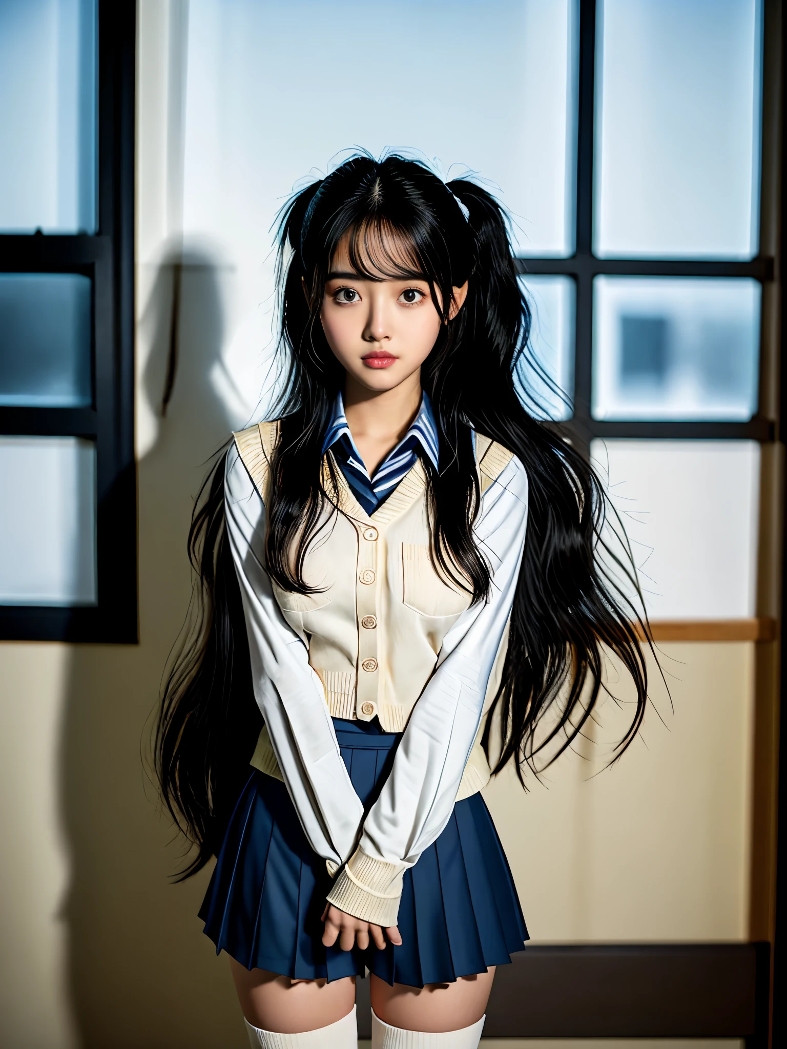 1girl, teen , big breast , gradient eyes, pale black hair, long hair , afro twin tail, drill hair , hair over one eye, sideburns , happy, embarrassed , , from below, school uniform , navy  vest , slouch socks, school bag, extremely quality extremely detailed, illustration, contrapposto, cute anime face cinematic lighting cinematic angle