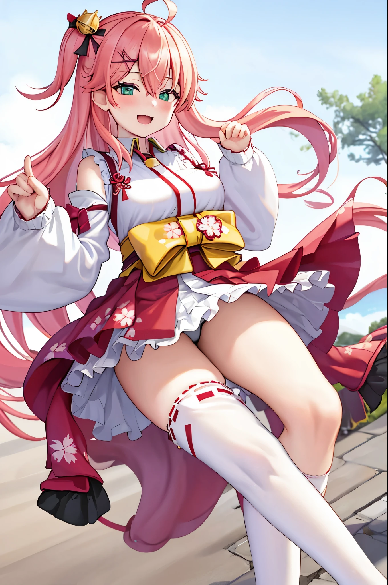 masterpiece, best quality, highres, sakura_miko, 1girl, (:1.3),medium_breasts, kimono, solo, ahoge, x_hair_ornament, pink_hair, floral print, hairclip,(side_less_clothes:1.3), (side_breasts:1.3), hair_bell, floral print, long_hair, hair between eyes, one side up, white_thighhighs, wide sleeves, open_mouth,(happy:1.3),green_eyes,smile,apart_legs,(overly_long_sleeves:1.3),),sleeves_past_wrists,hands_hidden_sleeves,sidelock_clothes,solo,hidden_wrists,(XD:1.5),covered_nipples,sunlight,(bare_flank:1.3),boots,open_mouth,kimono,close_eyes,apart_legs