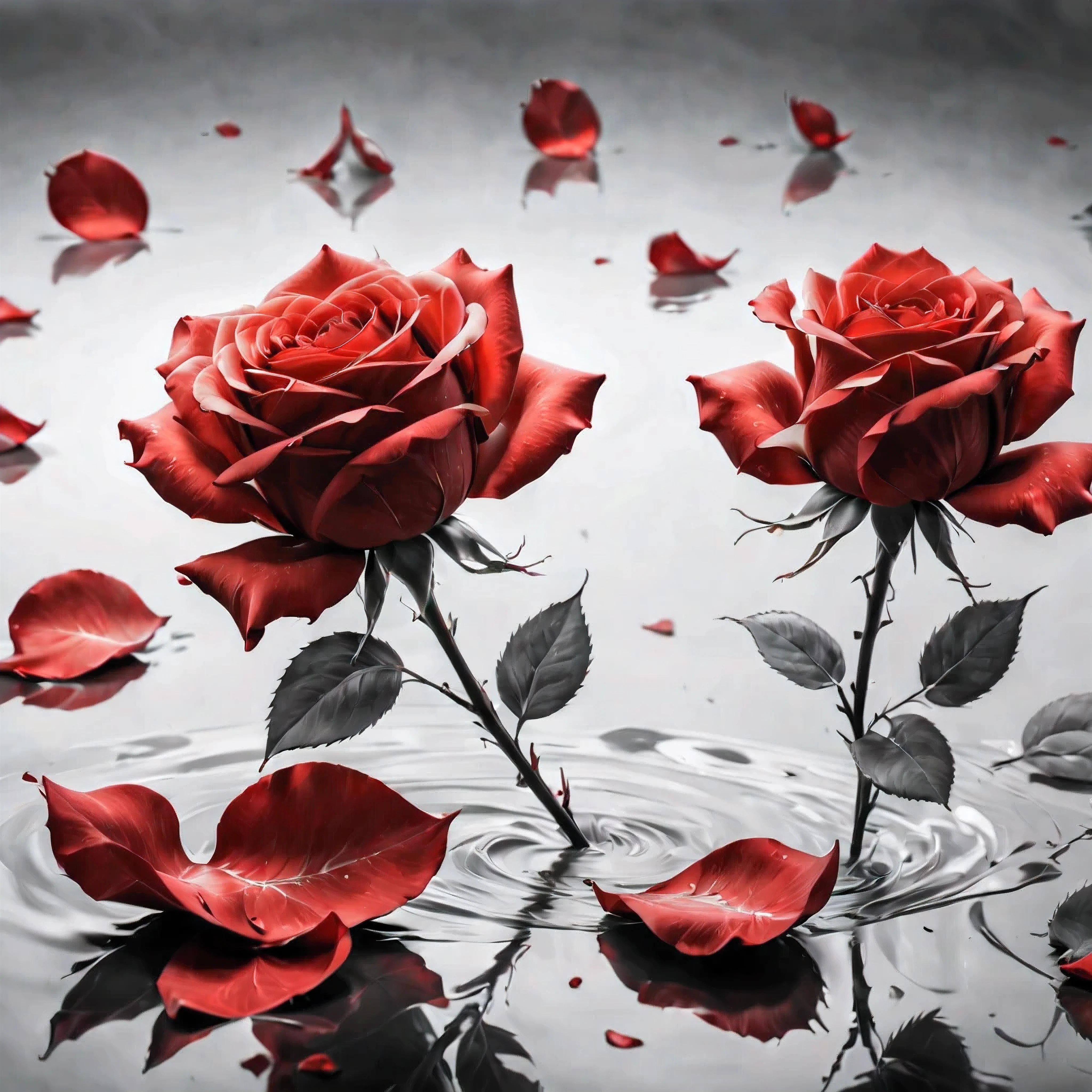 ((Selective color)), Drawing of Delicate Red Rose Petals floating by the winds, smooth lines, fine art piece, Express expressions and postures through ink contrast, emphasize light, shadow and space. figurative art, (best quality, 4K, 8k, high resolution,masterpiece:1.2) ,(actual, photoactual, photo-actual:1.37). 