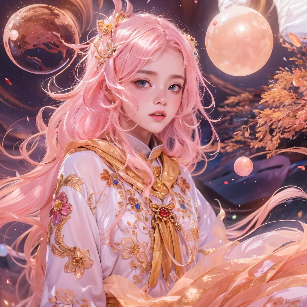 Peach Velvet Series,Peach-colored flull颜色,enamel,agate,A flesh-colored world,Blood Blue Maiden 32k(masterpiece,HD,Aoyama Pond,Ultra high quality,32k)Bright pink long flowing hair,blood pool,Ziddink, a color,Grumpy (After greeting), (Linen scarf), fighting stance, looking at the ground, light pink long hair, Floating bright blue, Fire cloud gold headdress, Chinese long-sleeved gold silk burgundy garment, (Abstract metaverse splash:1.2), White background,Peony flower vitality protector(realistically:1.4),Peach-colored flull,Smoke on the road,The background is very pure, high resolution, detail, RAW photos, Sharp Re, Nikon D850 film photo by Jefferies Lee 4 Kodak Portra 400 camera F1.6 guns, colorful, Ultra-realistic and vivid textures, dramatic lighting, Unreal Engine Art Station Trend, Sinest 800,Long flowing girl peach hair,Huge colorful bubbles light pink