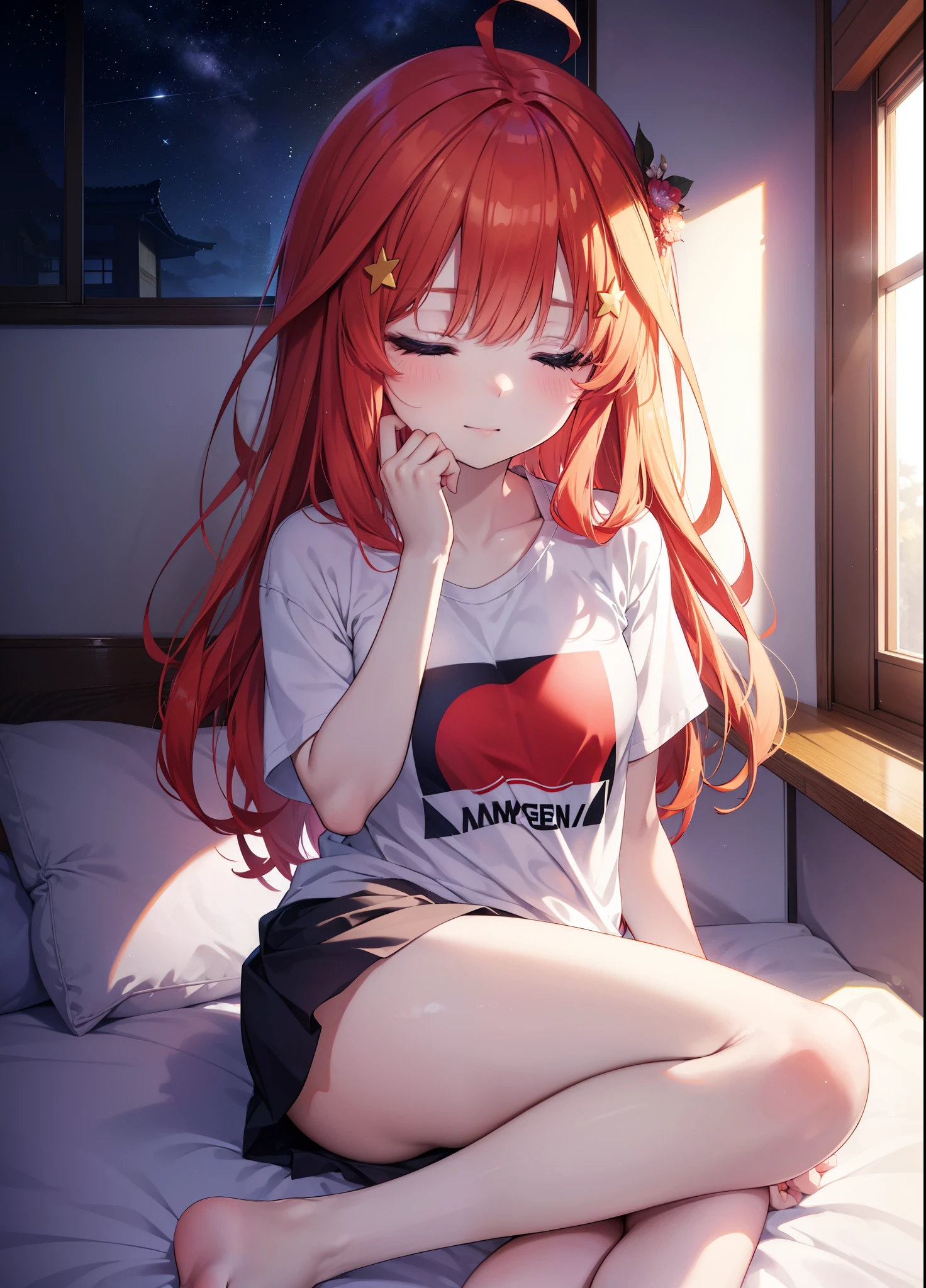 itsukinakano, Itsuki Nakano, bangs, hair between eyes, Ahoge, redhead, ,girl sleeping with both eyes closed,smile,Bedroom,light goes out, windows,romantic starry sky,A meteor crosses,T-shirt,red underwear,sleeping in bed,night,sleeping on my back in bed,dark room,night,
break indoors, Bedroom,
break (masterpiece:1.2), highest quality, High resolution, unity 8k wallpaper, (shape:0.8), highly detailed face, perfect lighting, Very detailed CG, (perfect hands, perfect anatomy),