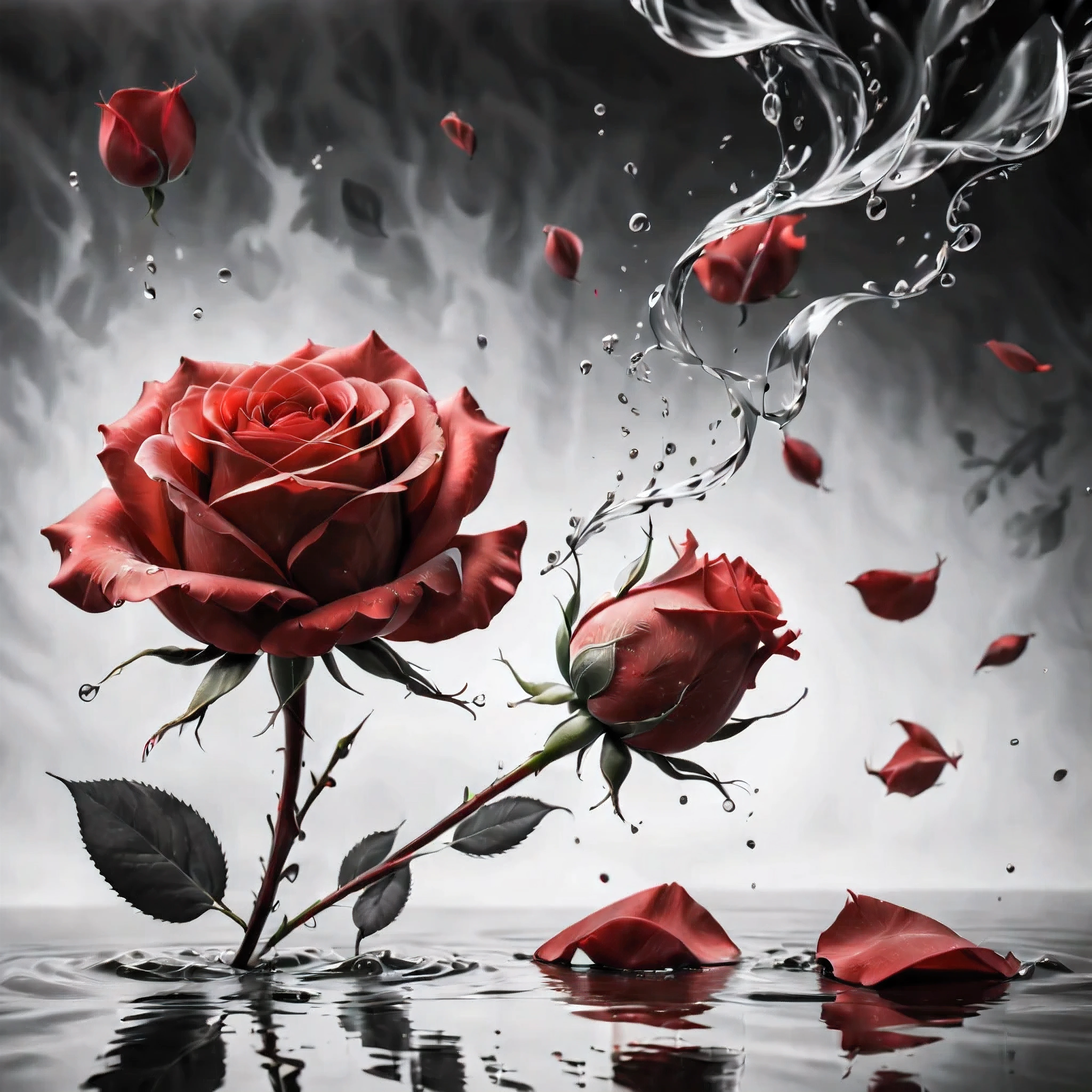 ((Selective color)), Drawing of Delicate Red Rose Petals floating by the winds, smooth lines, fine art piece, Express expressions and postures through ink contrast, emphasize light, shadow and space. figurative art, (best quality, 4K, 8k, high resolution,masterpiece:1.2) ,(actual, photoactual, photo-actual:1.37). 