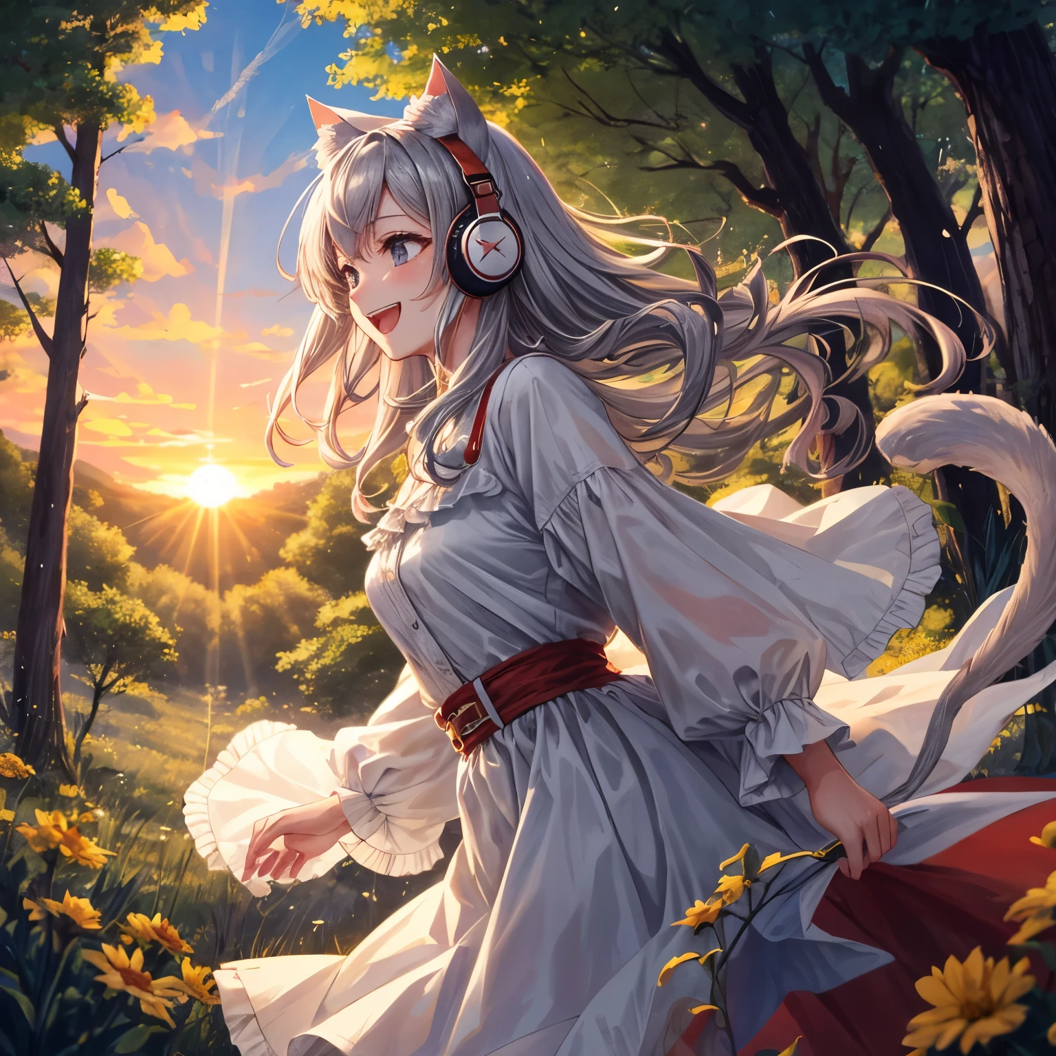 masterpiece, highest quality, movie stills, 1 girl, Cloud Girl, floating in the sky, close, bright, Happy, warm and soft lighting, sunset, (spark:0.7)、cat ears、headphone、gray hair、17 year old girl、cute、Glamour、good style、laughter、Plump、Good style、grassland、in the forest、