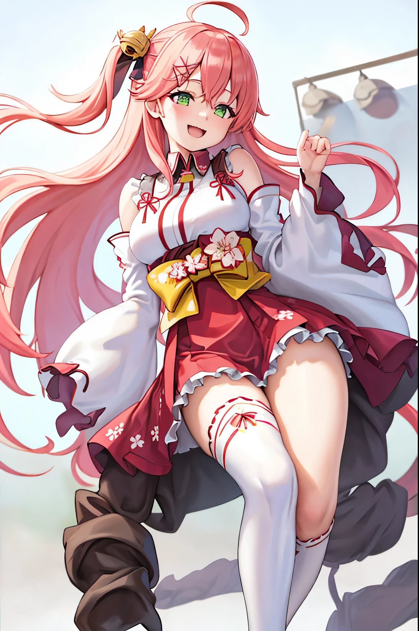 masterpiece, best quality, highres, sakura_miko, 1girl, (teen:1.3),medium_breasts, kimono, solo, ahoge, x_hair_ornament, pink_hair, floral print, hairclip,(side_less_clothes:1.3), (side_breasts:1.3), hair_bell, floral print, long_hair, hair between eyes, one side up, white_thighhighs, wide sleeves, open_mouth,(happy:1.3),green_eyes,smile,apart_legs,(overly_long_sleeves:1.3),),sleeves_past_wrists,hands_hidden_sleeves,sidelock_clothes,solo,hidden_wrists,(XD:1.5),covered_nipples,sunlight,(bare_flank:1.3),boots,open_mouth,kimono,close_eyes,apart_legs
