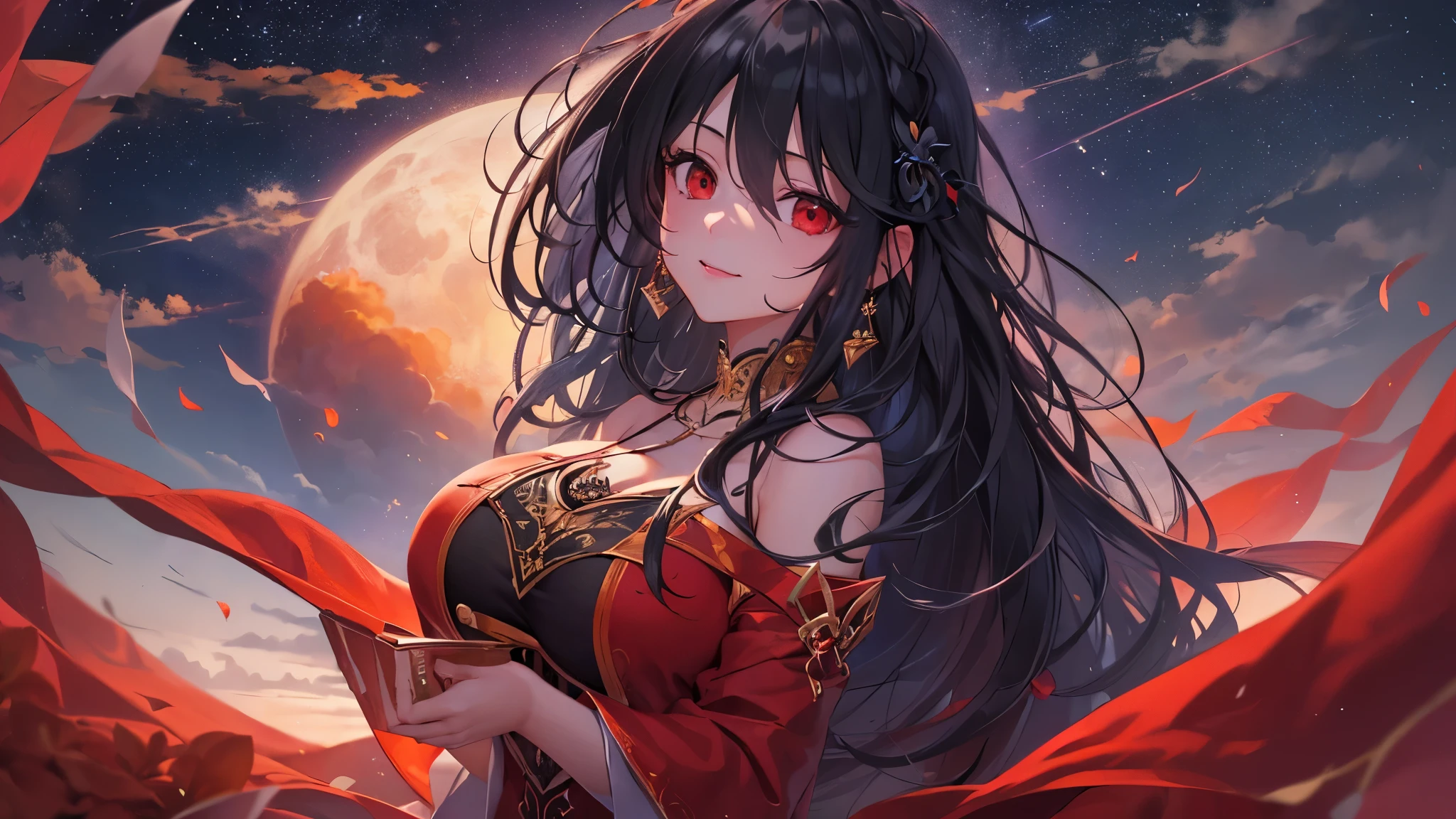 (perfect anatomy, masterpiece:1.2, best quality, 8k, beautiful detailed grow, daydreaming expression), break, panoramic-view ((beautiful night sky starry:1.2 sky and half moon)) in the hill, (solo black hair straight long hair femdom cute girl, yo, detailed red eyes, bigboobs:1.3, in a nighat princes red robe, painful smile, look up to sky.