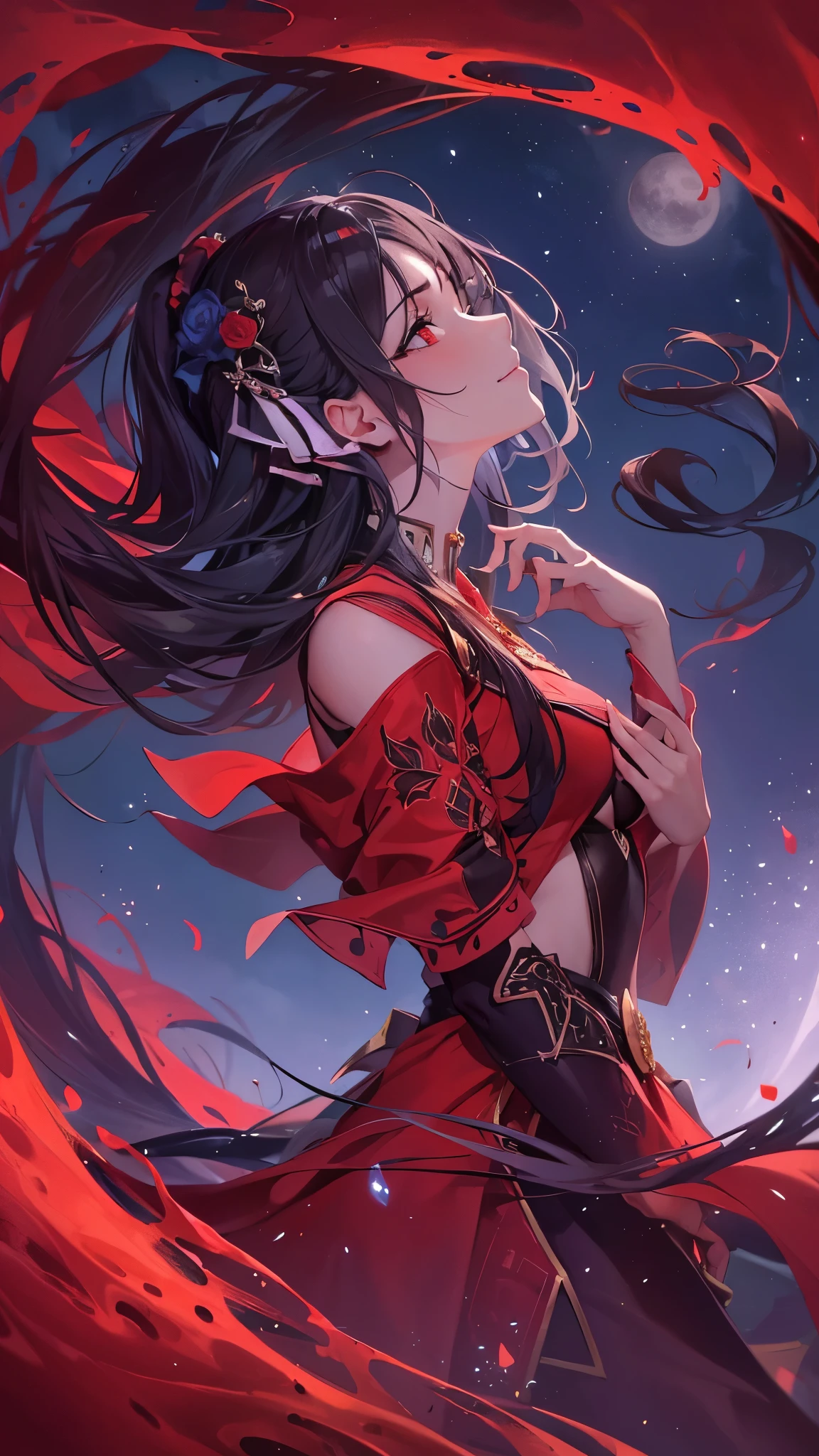 (perfect anatomy, masterpiece:1.2, best quality, 8k, beautiful detailed grow, daydreaming expression), break, panoramic-view ((beautiful night sky starry:1.2 sky and half moon)) in the hill, (solo black hair straight long hair femdom cute girl, 17 yo, detailed red eyes, bigboobs:1.3, in a nighat princes red robe, painful smile, look up to sky.