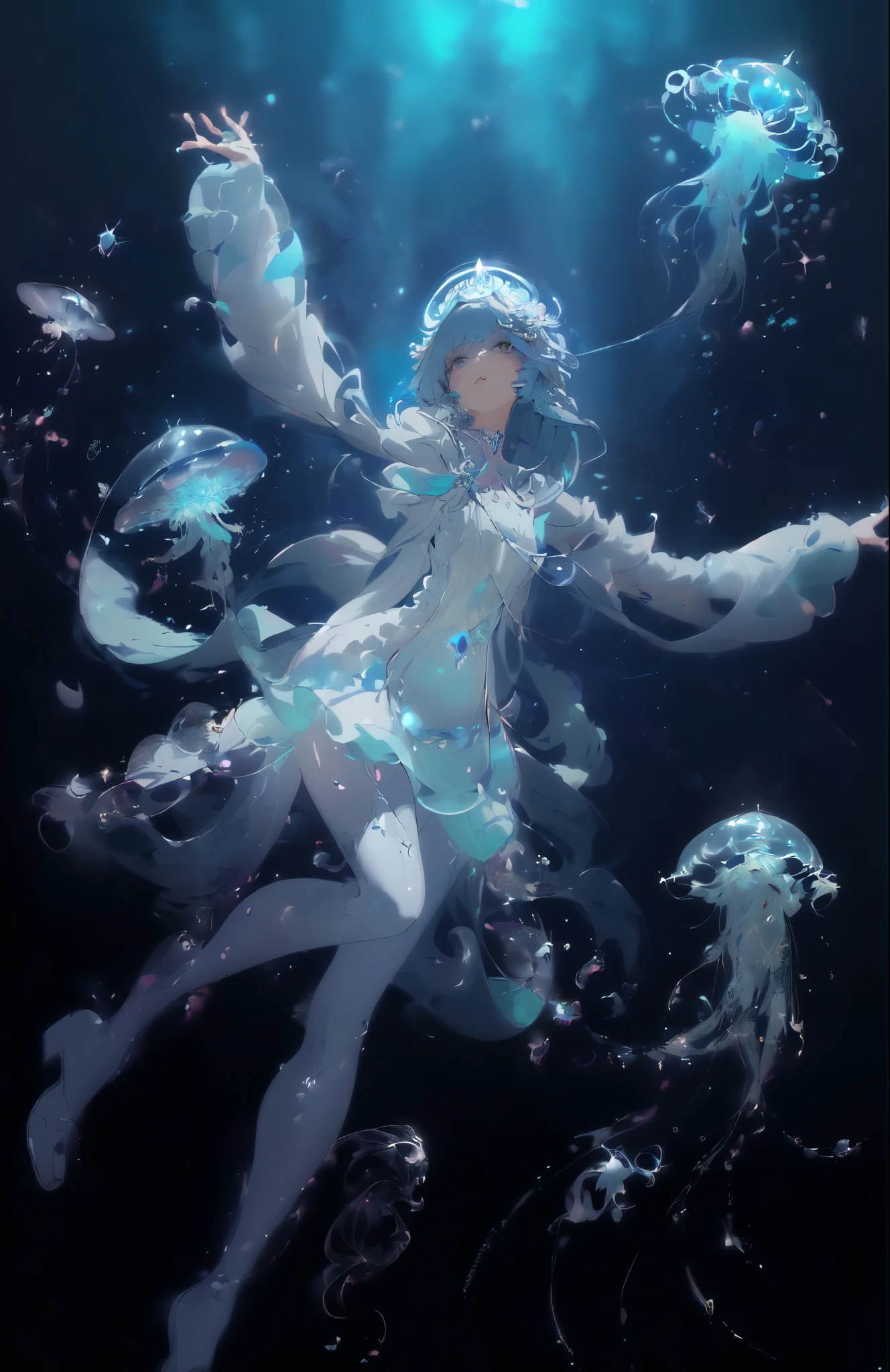 One wearing a white dress、Arafad image of woman wearing white hat, Jellyfish Priestess, Complex and gorgeous anime CGI style, Jellyfish Miko, Popular topics on cgstation, guweiz, Close-up fantasy of water magic, Anime girl walking on water, guweiz style artwork, jelly fish dancing, ethereal fantasy, victorian era，jellyfish elements