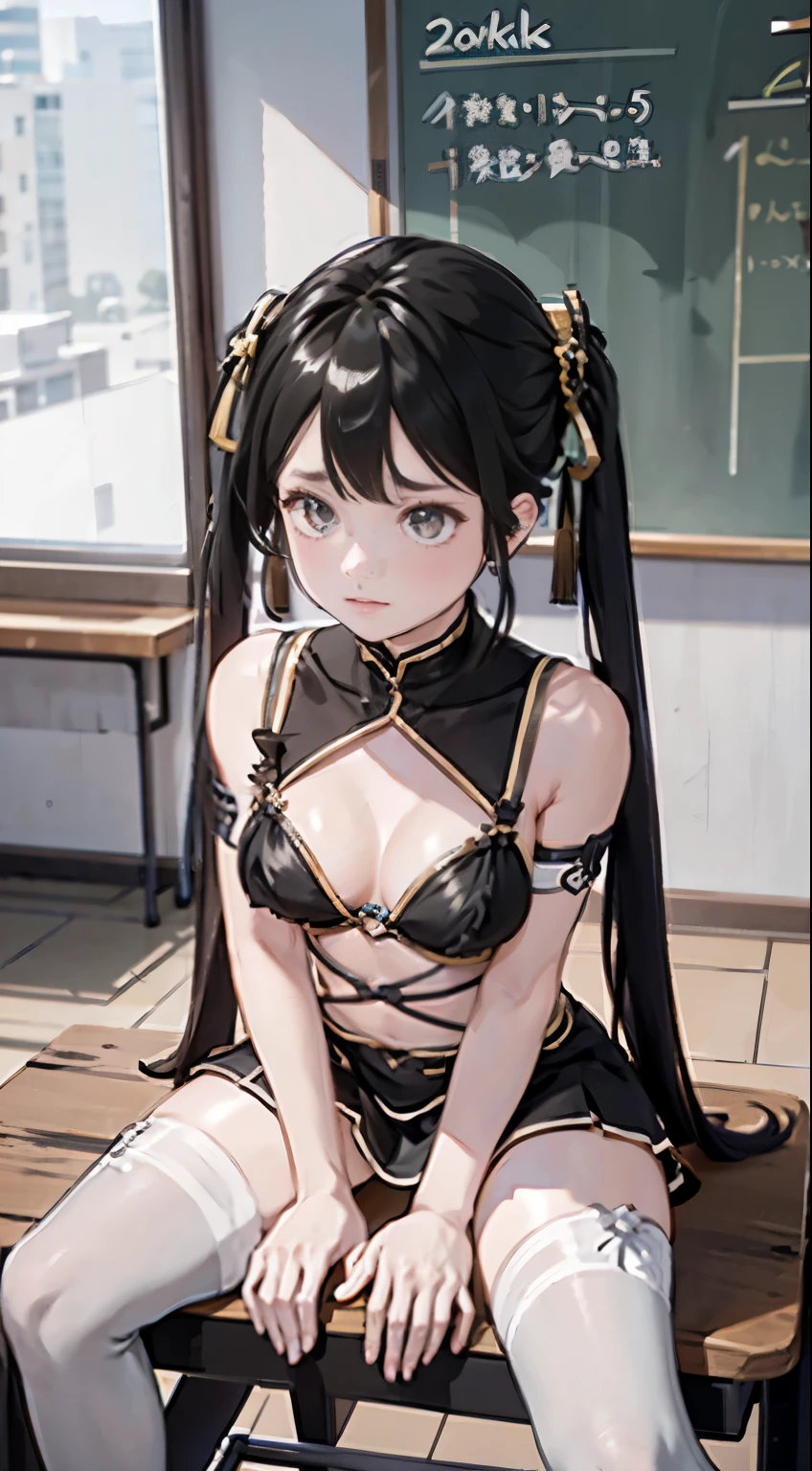 “（master paintings，HD，超HD，4k）Black hair twintails，14-year-old Japanese female high school student，bare shoulders，BlackJK，Emphasize the thighs，Expose leg skin，soft thighs，shiny thighs，，Face-to-face perspective，（Viewed from the following perspective），sitting on school desk，sit in front，crotch zoom camera，Feet on the floor，body intact，head down，bleary-eyed，Just look at the audience"， best quality， 超HD， （realistically：1.4）， high resolution， detail，legs apart，Huge bust，lie down，Lift your legs，Exposes the skin on the chest，Emphasize the chest，The chest is completely exposed