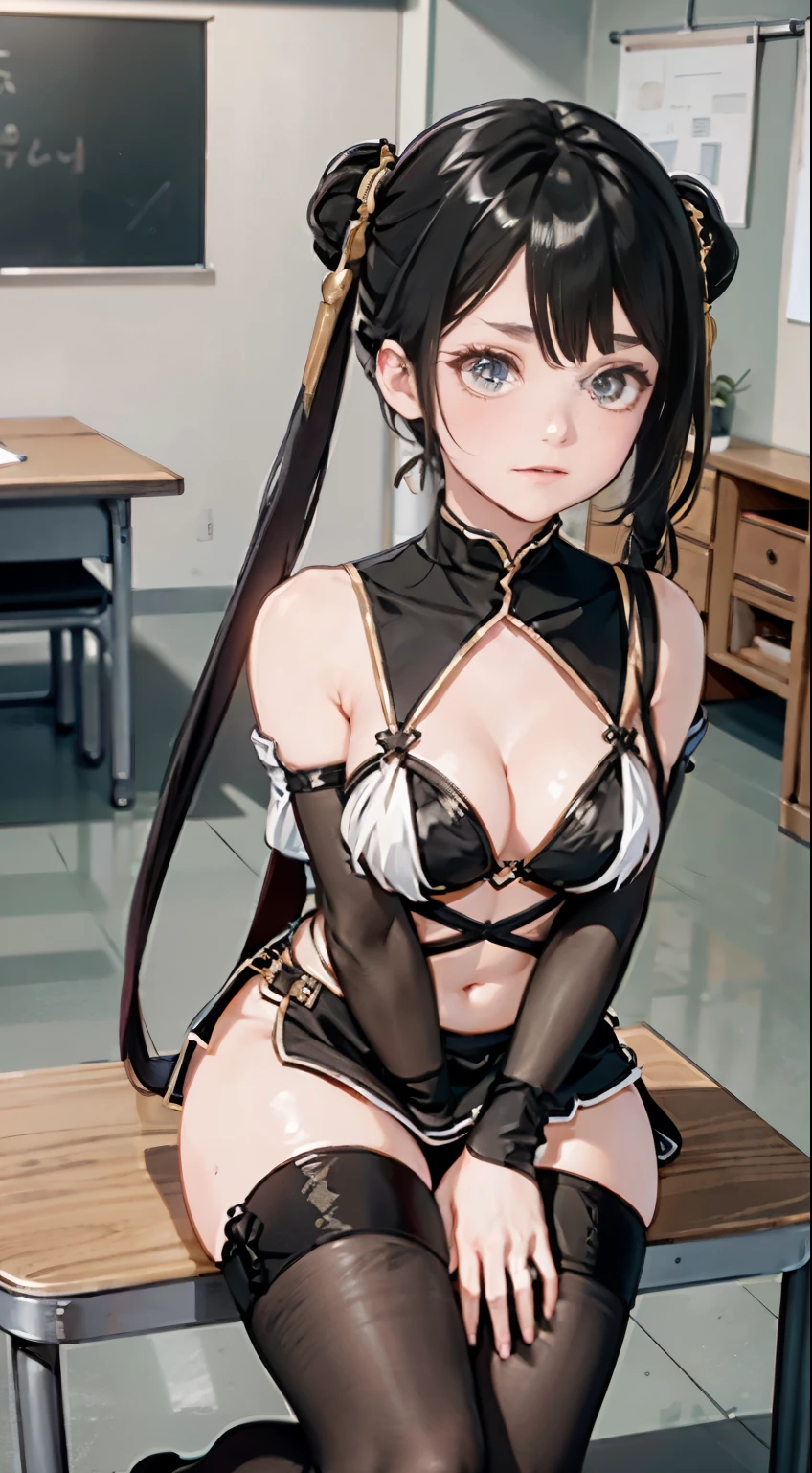 “（master paintings，HD，超HD，4k）Black hair twintails，-yeld Jaese female high school student，bare shoulders，BlackJK，Emphasize the thighs，Expose leg skin，soft thighs，shiny thighs，，Face-to-face perspective，（Viewed from the following perspective），sitting on school desk，sit in front，crotch zoom camera，Feet on the floor，body intact，head down，bleary-eyed，Just look at the audience"， best quality， 超HD， （realistically：1.4）， high resolution， detail，legs apart，Huge bust，lie down，Lift your legs，Exposes the skin on the chest，Emphasize the chest，The chest is completely exposed