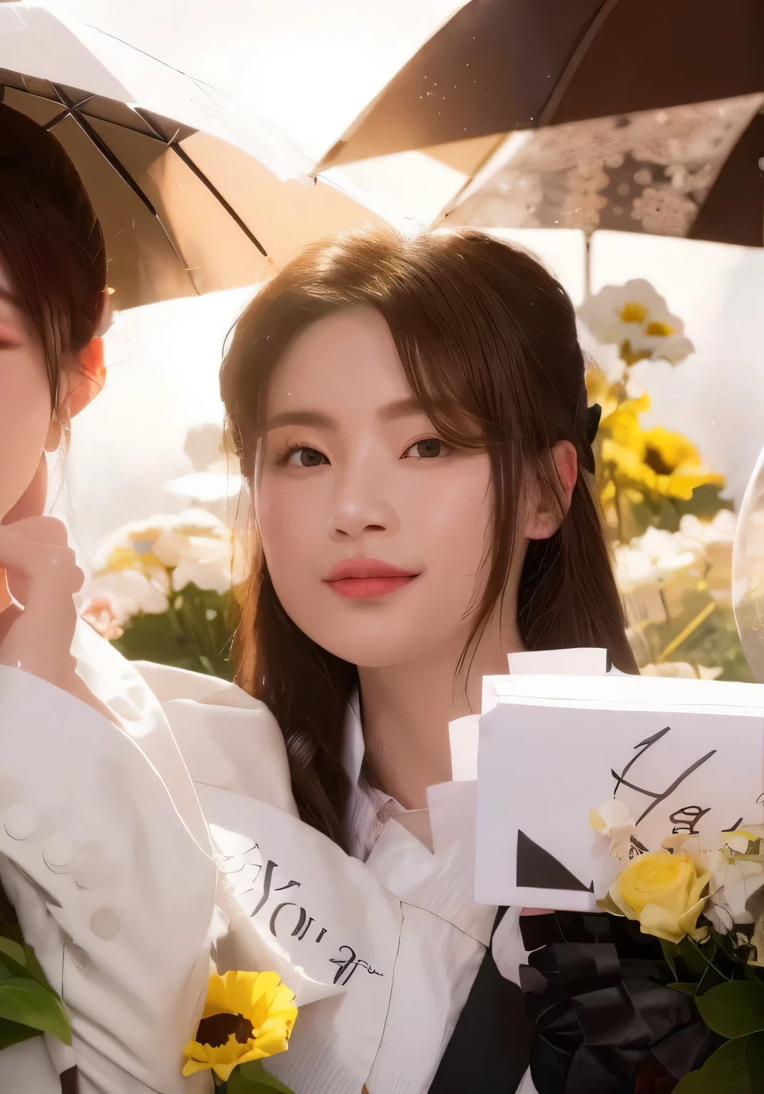 A girl holding flowers and umbrella,There are smiley faces on it, Cai Xukun, Yun Ling, Inspired by Ma Yuanyu, Xintong Chen, wenfei ye, Ruan Jia Meili!, xiang duan, Cover Photo Cuckoo Portrait, li zixin, mingchen shen, Inspired by Tang Yifen, xue han