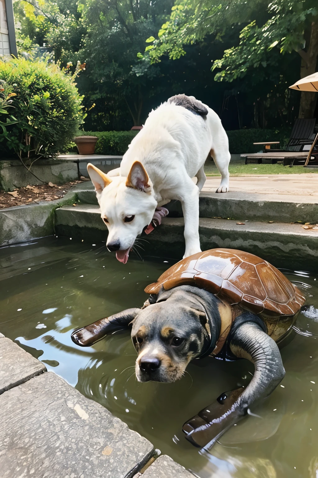 A dog and a turtle playing
