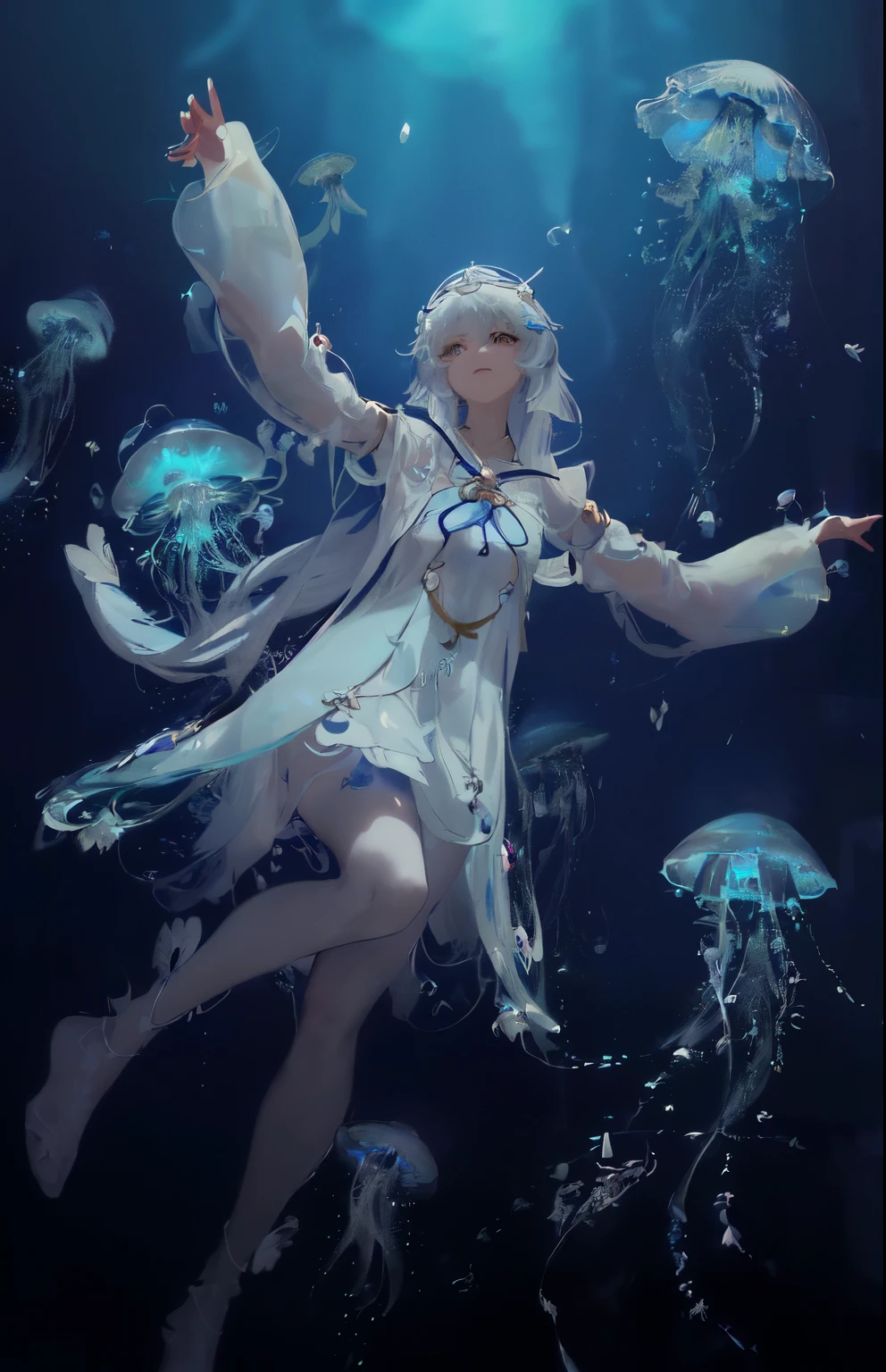 One wearing a white dress、Arafad image of woman wearing white hat, Jellyfish Priestess, Complex and gorgeous anime CGI style, Jellyfish Miko, Popular topics on cgstation, guweiz, Close-up fantasy of water magic, Anime girl walking on water, guweiz style artwork, jelly fish dancing, ethereal fantasy, victorian era,jellyfish elements