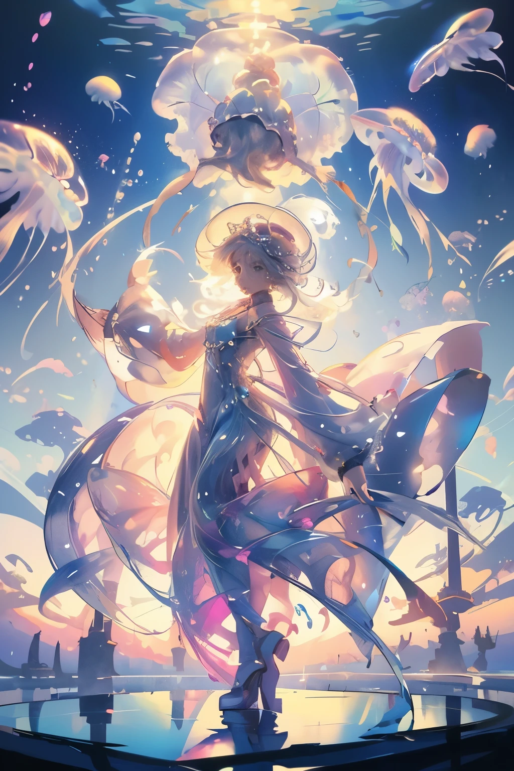 One wearing a white dress、Arafad image of woman wearing white hat, Jellyfish Priestess, Complex and gorgeous anime CGI style, Jellyfish Miko, Popular topics on cgstation, guweiz, Close-up fantasy of water magic, Anime girl walking on water, guweiz style artwork, jelly fish dancing, ethereal fantasy, victorian era，jellyfish elements
