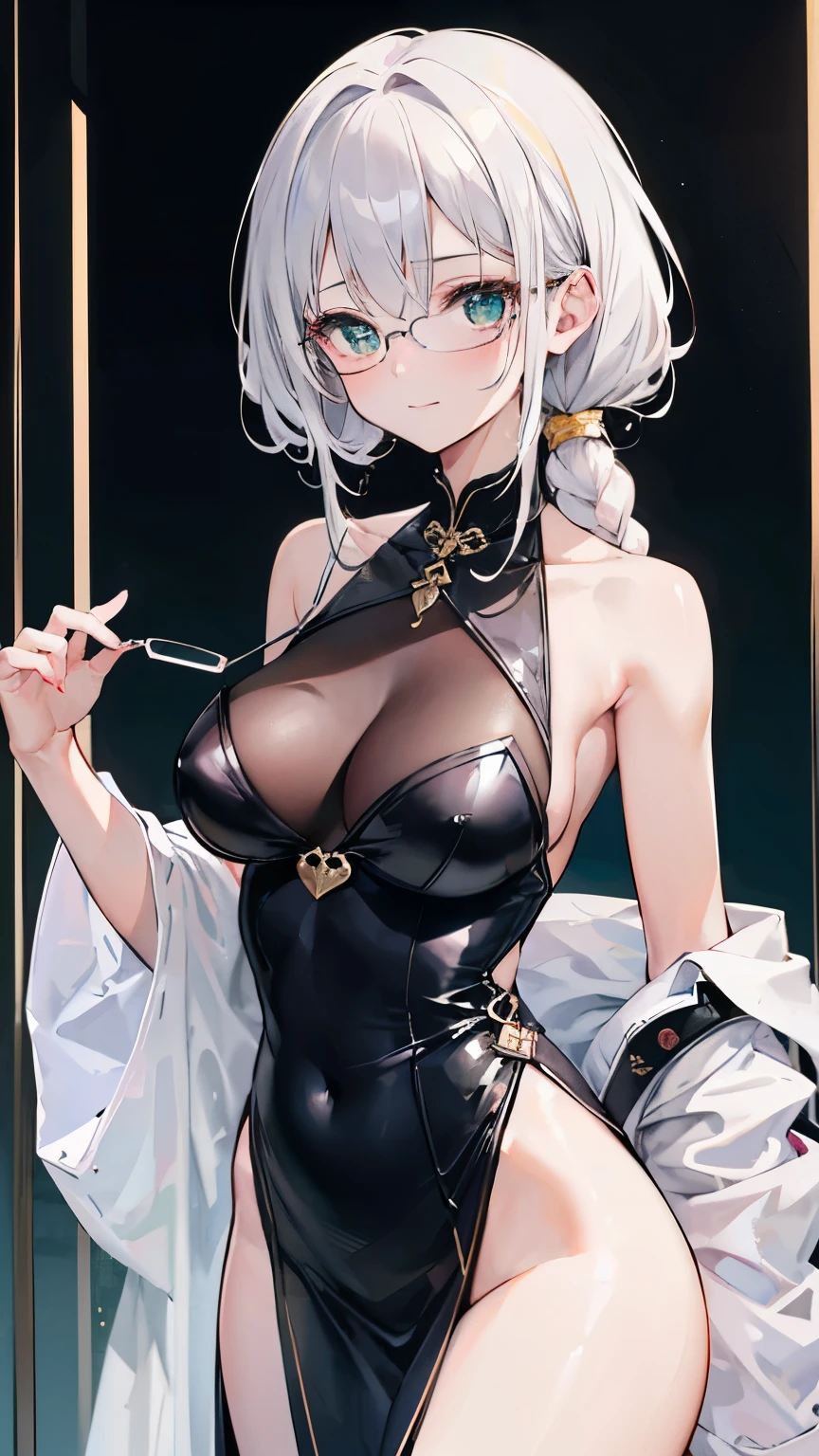 white haired young woman, 25 years old, body, golden eyes, long hair,Green braid tied in bows left and right...to wear glasses........big breasts..,, Wear a cheongsam.black, tight....large white chest,With a slight smile on his face......