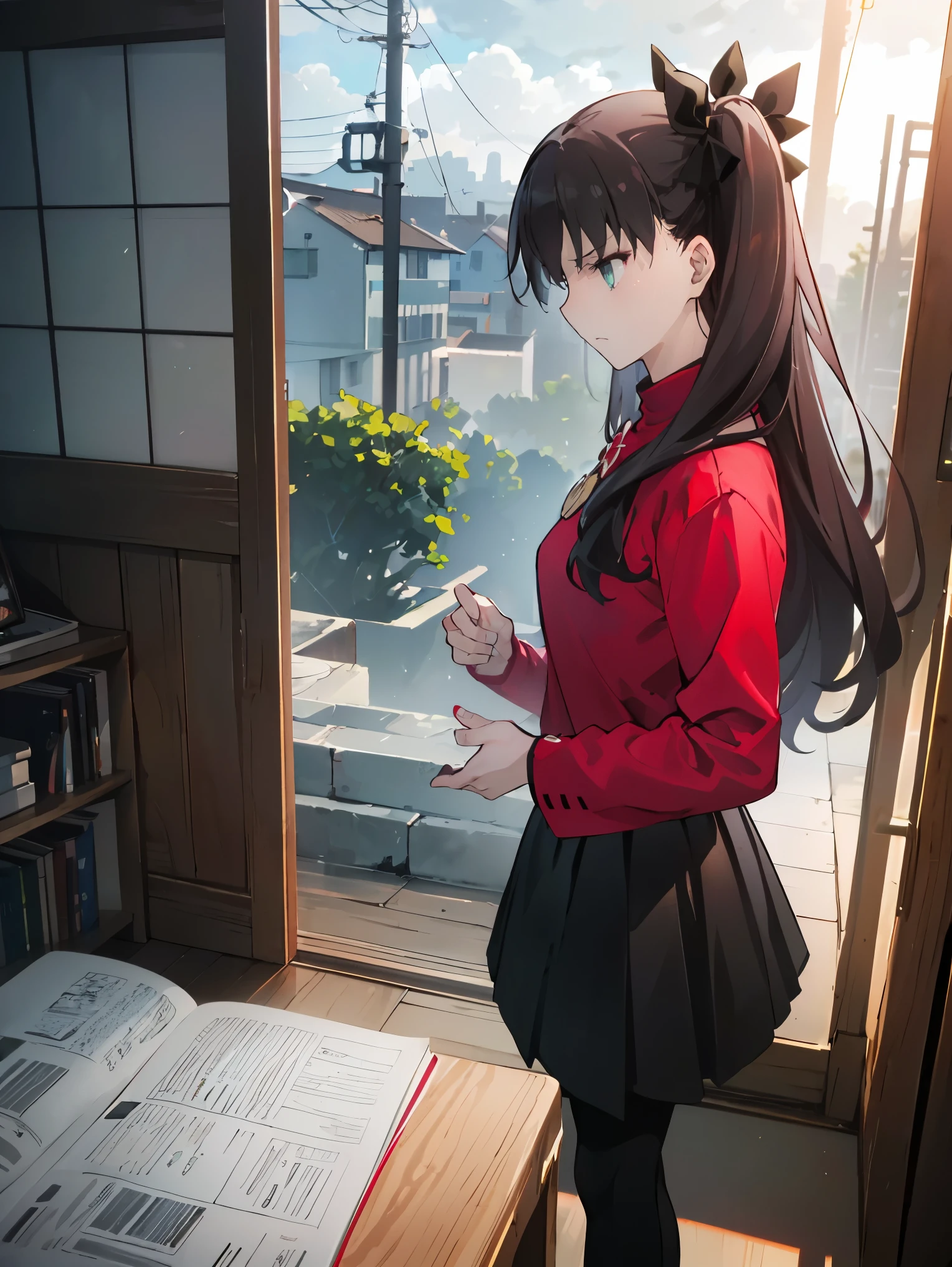 (best art,illustration,one,three point perspective, Top view，ultra high resolution, masterpiece, best quality，Extremely detailed，Very rich facial details,best artwork，perfect arms，Complete analysis structure，统one16k壁纸,Super detailed, Extremely detailed CG, Caustics, Cinema lighting, detailed, Beautiful and delicate eyes），golden ratio，high dynamic range,ultra high definition,studio lighting,Ultra-fine painting,sharp focus,Physically based rendering,极其detailed描述,professional，professional,Vibrant colors,Bokeh,landscape,japanese manga,Storm,photography,concept artist, Vibrant color palette, ethereal lights，one个女人，female focus，Standing on the roof of the building，night，The wind stirs the hair，（A determined expression，slightly angry），（Black double ponytail，Green eyes，Red sweatshirt，black skirt，Black long stockings，medium breasts），profile，Head focus，（look away，Put your hands together on your chest），Unlimited Blade Works，Tohsaka Rin