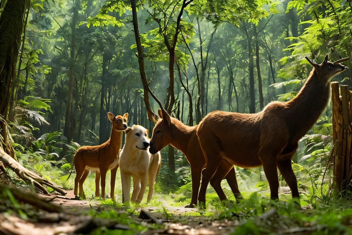 in the forest々A scene where animals are welcoming a boy。From the perspective of an 11 year old boy