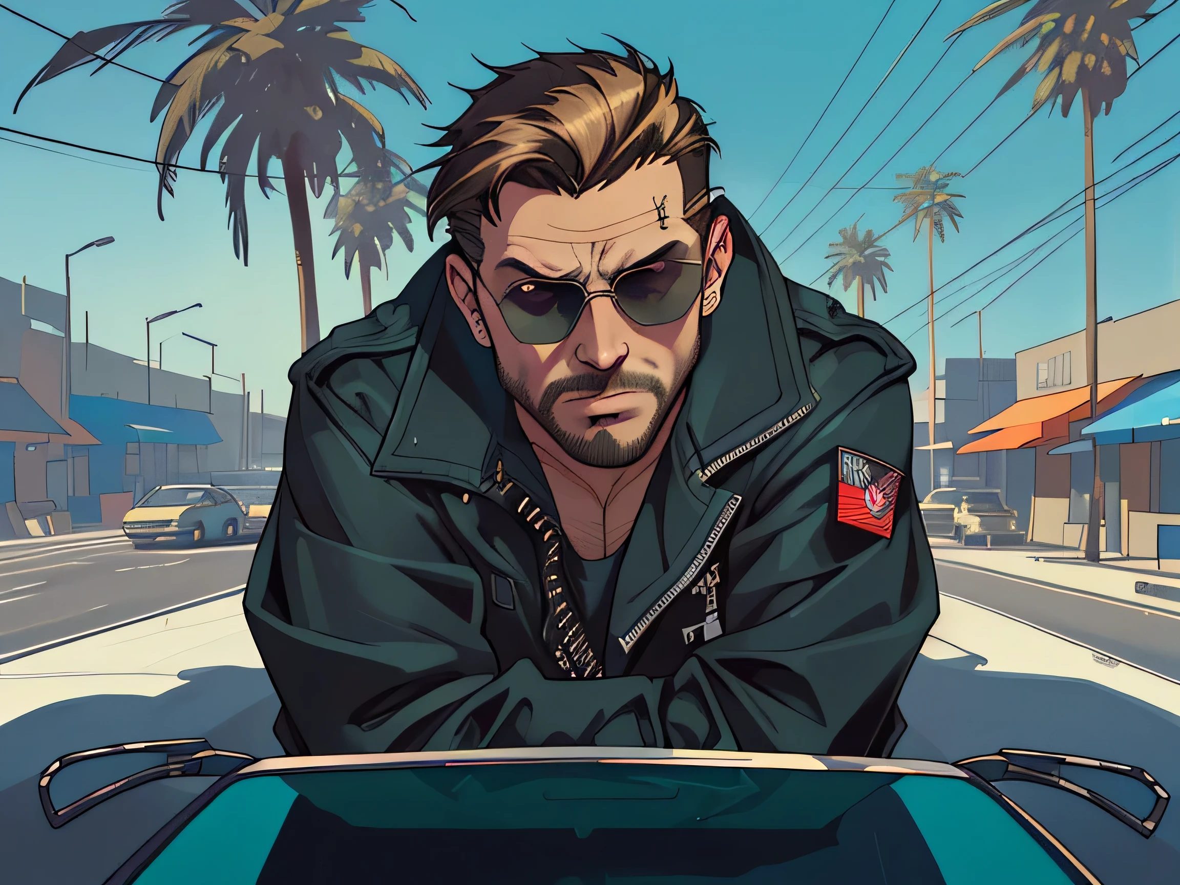 GTA STYLE，chumbo masculino，shotgun, wind coat，sun glasses，The Car，Future city streets，retro artstyle，shadows and highlights，hight contrast，fullbody, crime and danger、Tension and suspense、Reflections on the avant-garde and the low ebb、Shady、evocative composition。(Best quality at best,4K,8K,A high resolution,tmasterpiece:1.2),ultra - detailed,(actual,realisticlying,Photorealistic:1.37)
