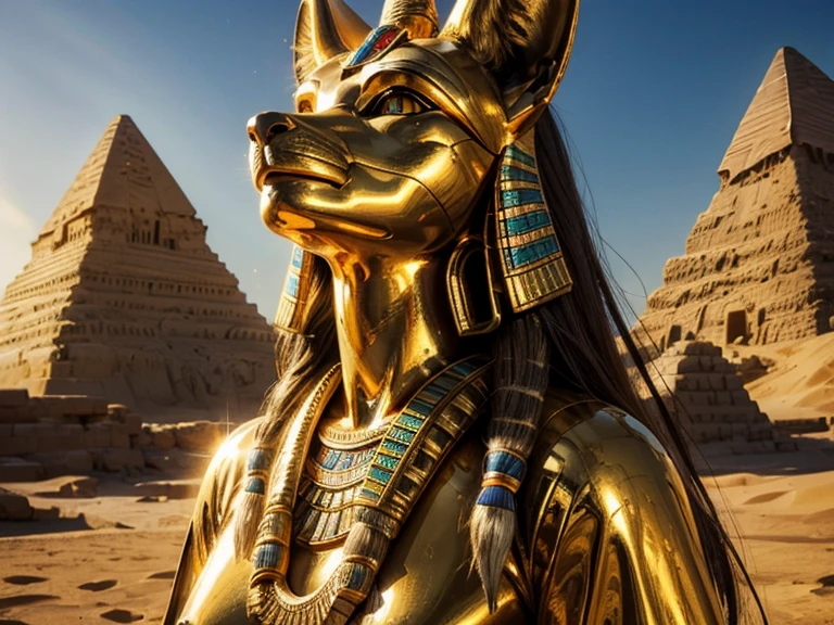 (best quality,4k,8k,highres,masterpiece:1.2),ultra-detailed,(realistic,photorealistic,photo-realistic:1.37),sand,desert,ancient,stone pyramids,golden sunset,mythology,Egyptian god,Anubis statues,tall and majestic pyramids,Anubis with a jackal head,worshiped figure,historical,monumental,detailed carvings,egyptian hieroglyphics,mysterious atmosphere,golden rays of sunlight,treasure hunter,adventure