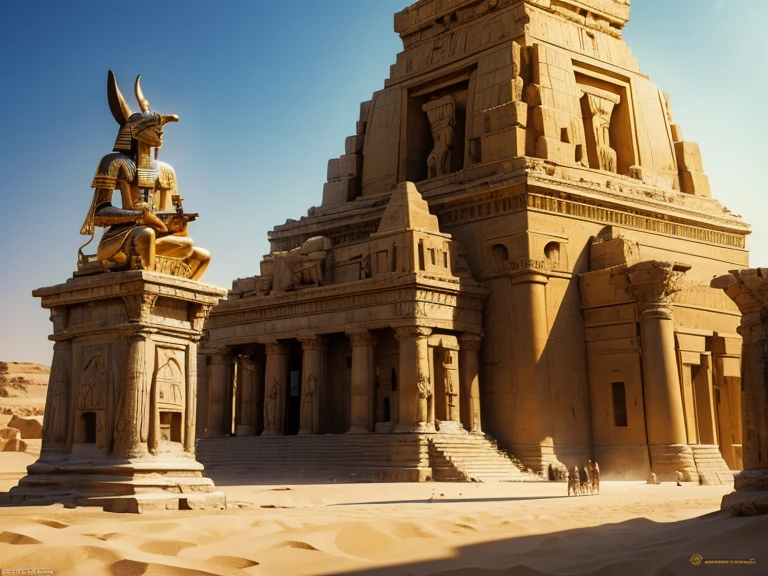 (best quality,4k,8k,highres,masterpiece:1.2),ultra-detailed,(realistic,photorealistic,photo-realistic:1.37),sand,desert,ancient,stone pyramids,golden sunset,mythology,Egyptian god,Anubis statues,tall and majestic pyramids,Anubis with a jackal head,worshiped figure,historical,monumental,detailed carvings,egyptian hieroglyphics,mysterious atmosphere,golden rays of sunlight,treasure hunter,adventure