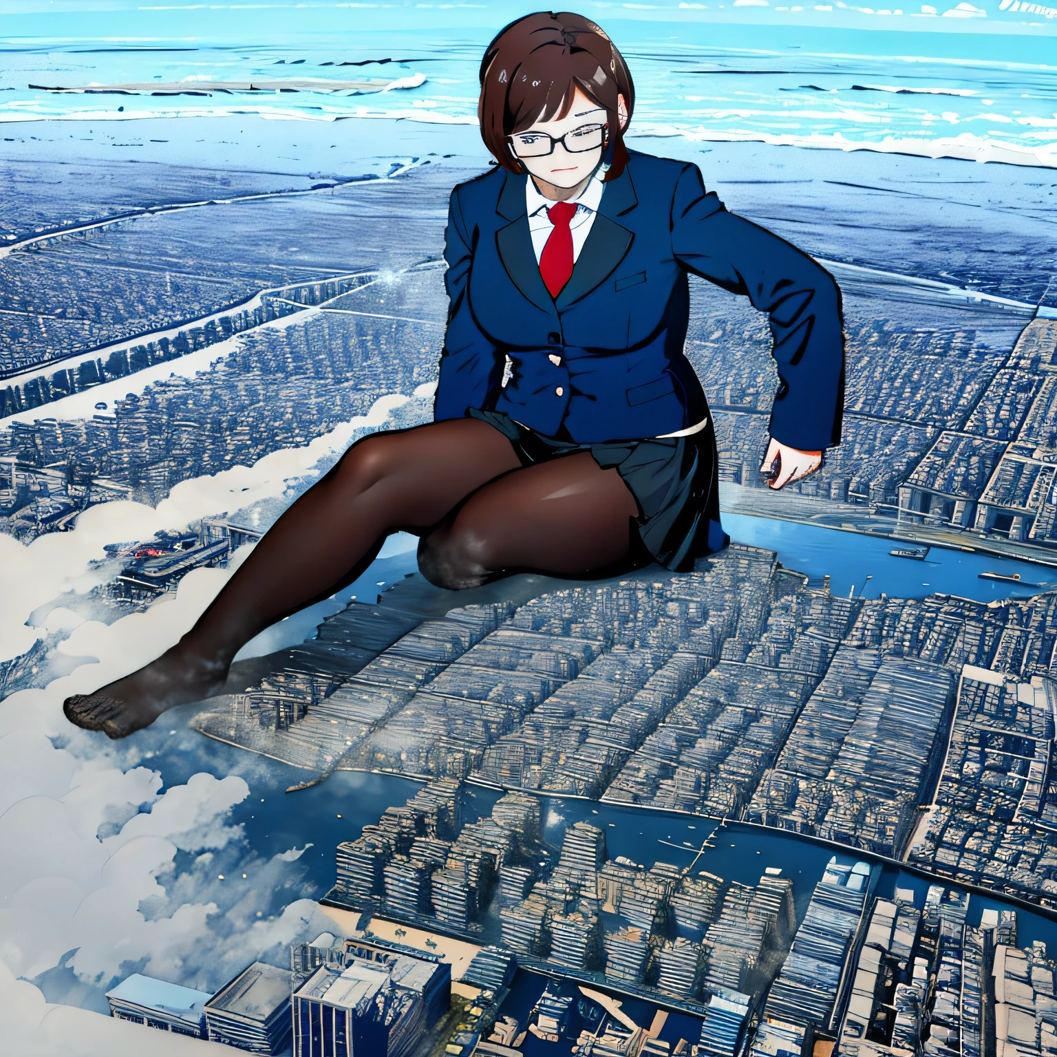 multiple girls, Giantの芸術, 非常に詳細なGiantショット, Giant, short hair, A high school girl who is much bigger than a skyscraper, wearing rimless glasses, big breasts, big ass, navy blazer, red tie, mini skirt, black pantyhose, pantyhose barefoot, Steam comes out from the soles of the feet, very small metropolis, miniature metropolis, crush the big city, full body description, ＧＴＳ, ギガGiant, stomping city, crash city, small town, micro city, High resolution, highest quality, masterpiece, myself peeing