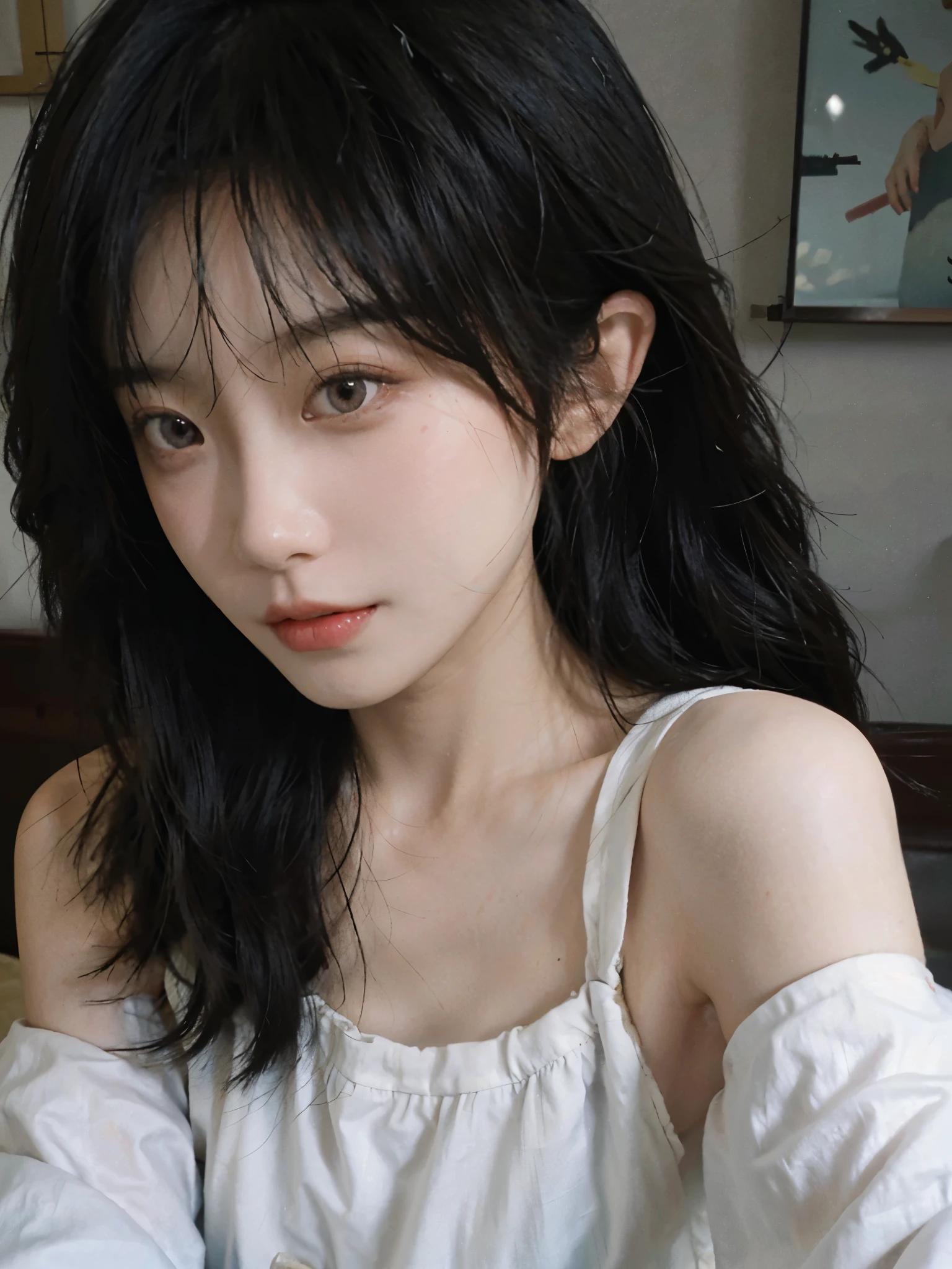 Film portrait photography, 2 girls, 2 girls,twin,bare shoulders, Shoulder length wavy hair, Snow-white cheongsam,(Realistic and detailed eyes, natural skin texture, Realistic facial details),, depth of field, Bokeh, Vibrant details, Detailed and detailed, Surrealism, 35mm film, hazy, ,Selfie,
