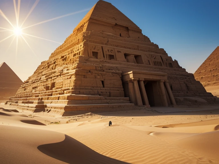 (best quality,4k,8k,highres,masterpiece:1.2),ultra-detailed,(realistic,photorealistic,photo-realistic:1.37),sand,desert,ancient,stone pyramids,golden sunset,mythology,Egyptian god,Anubis statues,tall and majestic pyramids,Anubis with a jackal head,worshiped figure,historical,monumental,detailed carvings,egyptian hieroglyphics,mysterious atmosphere,golden rays of sunlight,treasure hunter,adventure