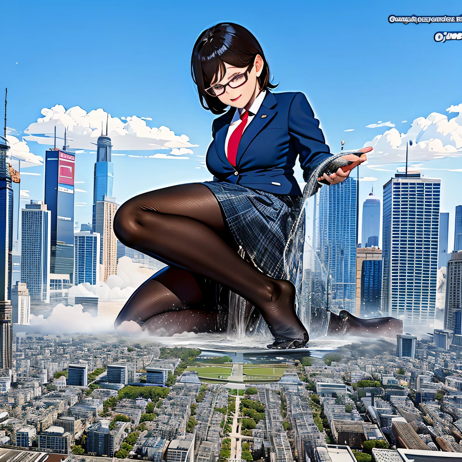 multiple girls, Giantの芸術, 非常に詳細なGiantショット, Giant, short hair, A high school girl who is much bigger than a skyscraper, wearing rimless glasses, big breasts, big ass, navy blazer, red tie, mini skirt, black pantyhose, pantyhose barefoot, Steam comes out from the soles of the feet, very small metropolis, miniature metropolis, crush the big city, full body description, ＧＴＳ, ギガGiant, stomping city, crash city, small town, micro city, High resolution, highest quality, masterpiece, myself peeing