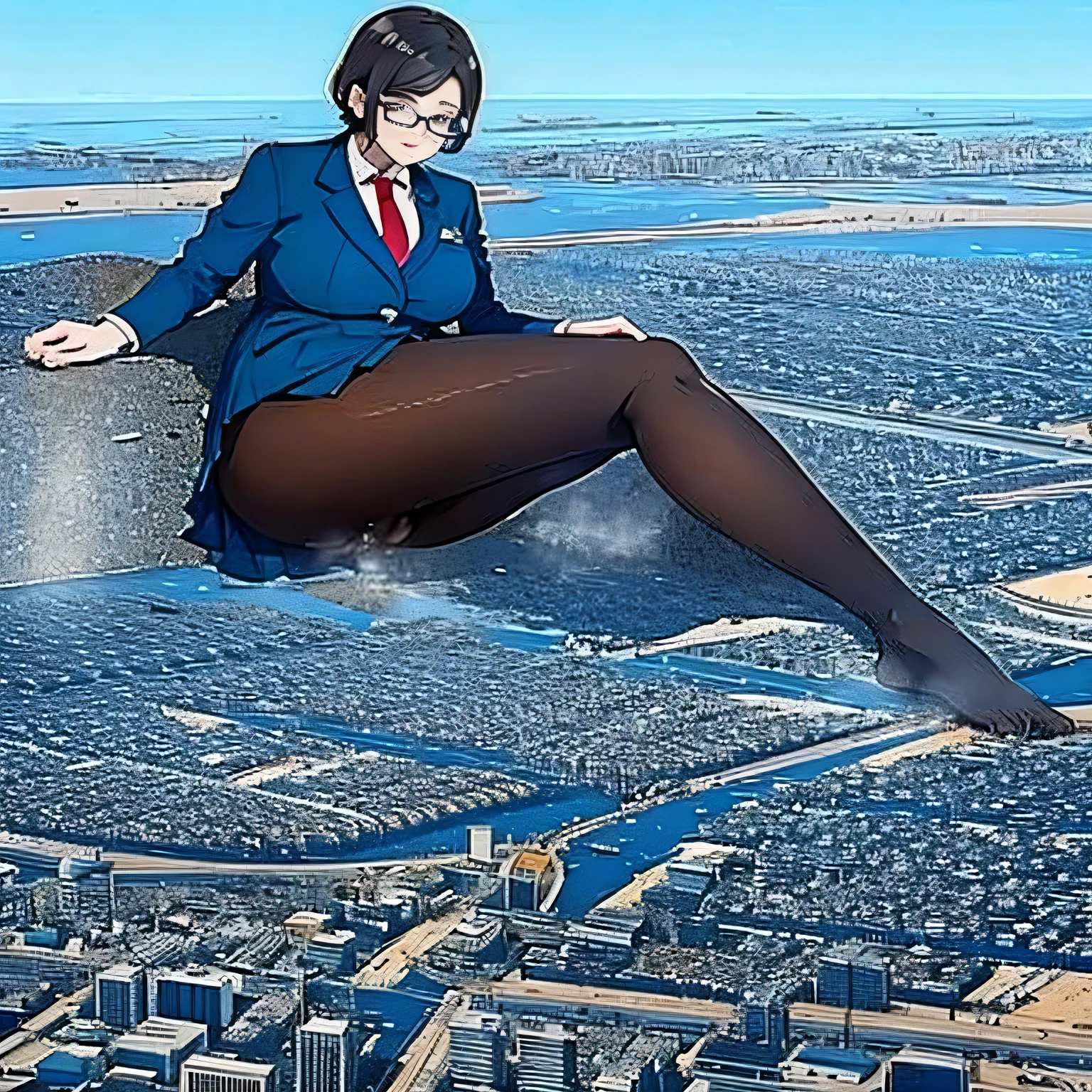 multiple girls, Giantの芸術, 非常に詳細なGiantショット, Giant, short hair, A high school girl who is much bigger than a skyscraper, wearing rimless glasses, big breasts, big ass, navy blazer, red tie, mini skirt, black pantyhose, pantyhose barefoot, Steam comes out from the soles of the feet, very small metropolis, miniature metropolis, crush the big city, full body description, GTS, ギガGiant, stomping city, crash city, small town, micro city, High resolution, highest quality, masterpiece, myself peeing