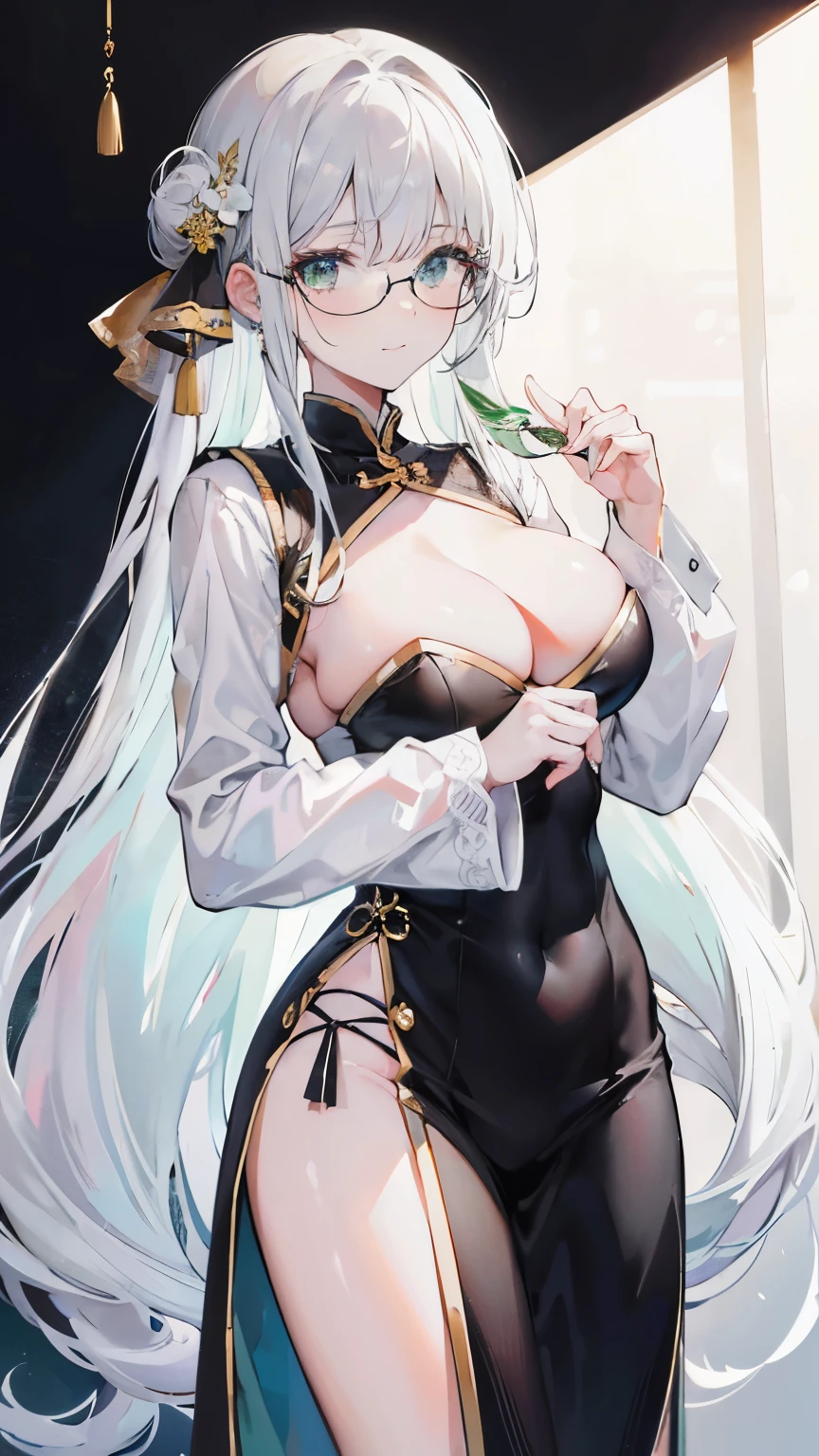 white haired young woman, 25 years old, body, golden eyes, long hair,Green braid tied in bows left and right...to wear glasses........big breasts..,, Wear a cheongsam.black from China....large white chest,With a slight smile on his face......