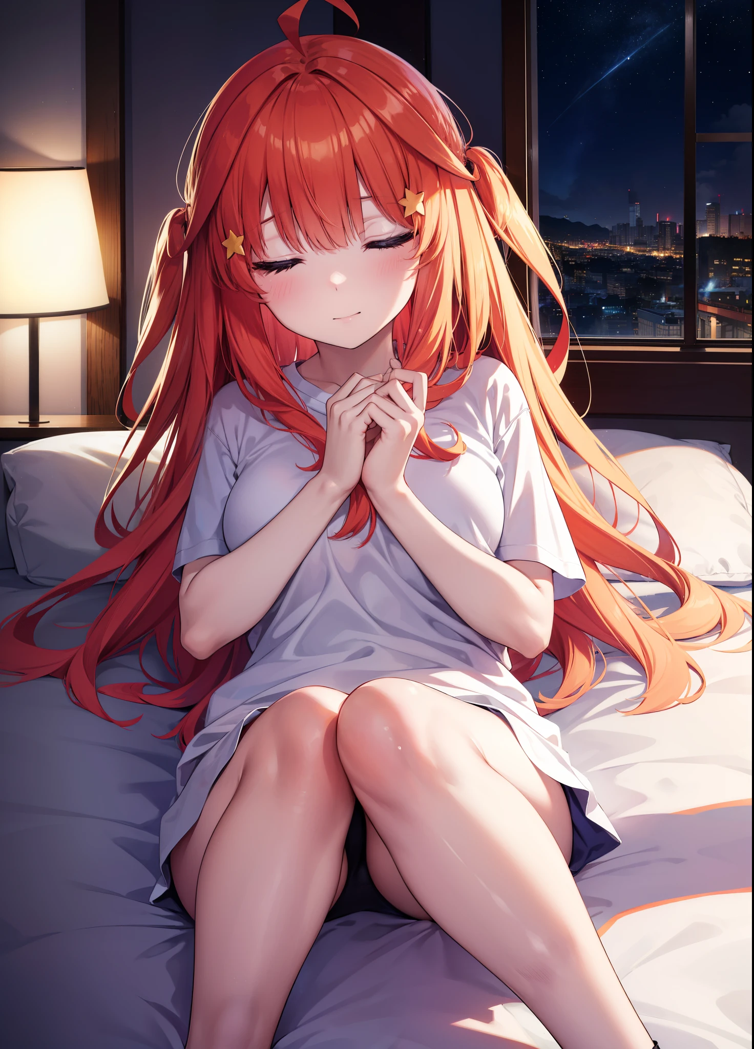 itsukinakano, Itsuki Nakano, bangs, hair between eyes, Ahoge, redhead,  ,girl sleeping with both eyes closed，smile，Bedroom，  windows，romantic starry sky，A meteor crosses,T-shirt,red underwear,sleeping in bed,night,sleeping on my back in bed,dark room,night,
break indoors, Bedroom,
break (masterpiece:1.2), highest quality, High resolution, unity 8k wallpaper, (shape:0.8), highly detailed face, perfect lighting, Very detailed CG, (perfect hands, perfect anatomy),