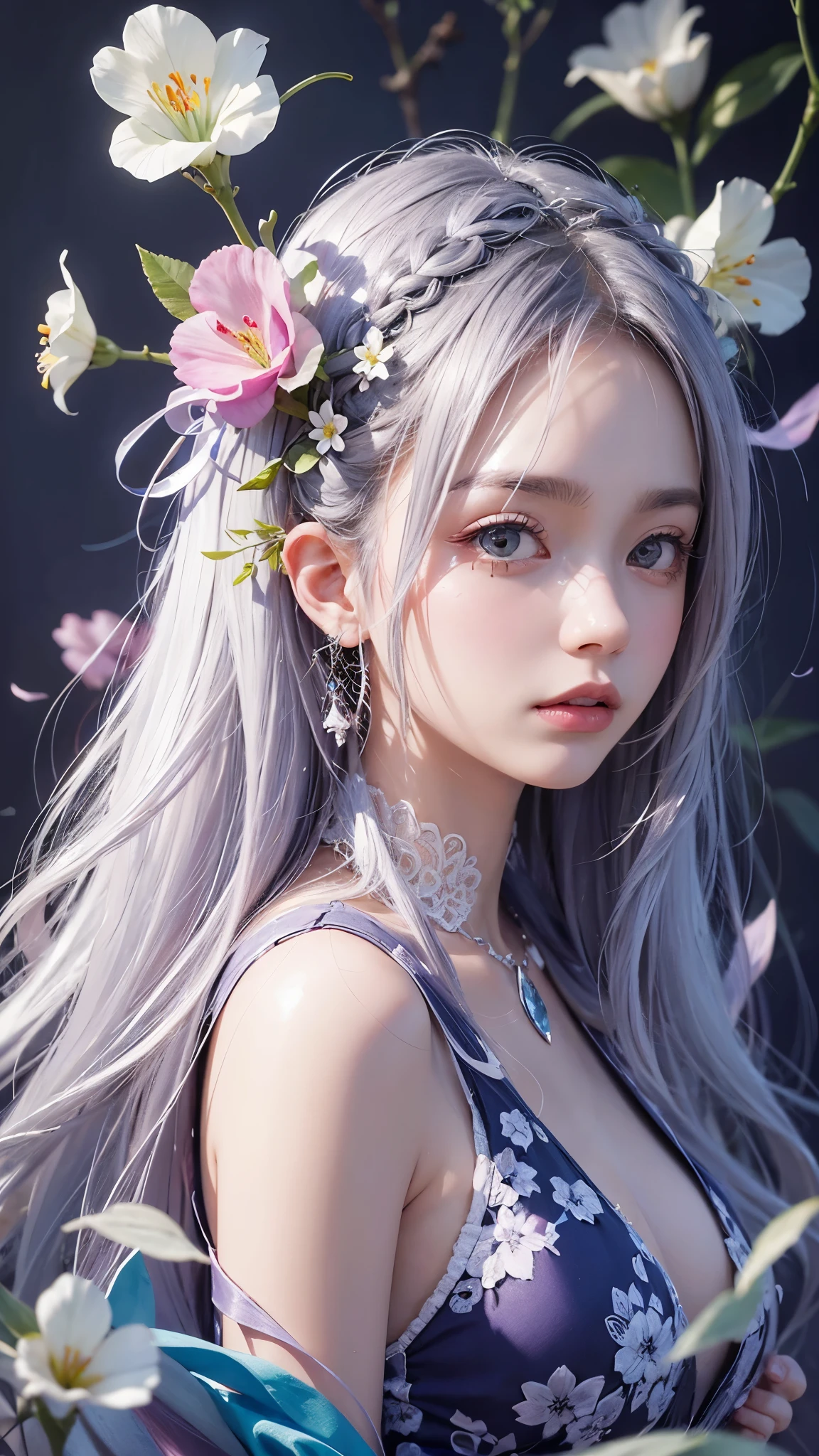 1 girl, long hair, flower, Lisianthus, in the style of Silver and light azure, dreamy romantic work, Silver, Fantastic leaves, playful arrangement, fantasy, high contrast, ink stroke, explosion, exposed exposed, Silver and pink tone impression, abstract, attractive pose,