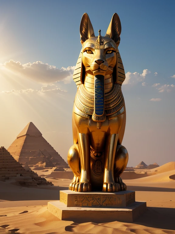 (best quality,4k,8k,highres,masterpiece:1.2),ultra-detailed,(realistic,photorealistic,photo-realistic:1.37),sand,desert,ancient,stone pyramids,golden sunset,mythology,Egyptian god,Anubis statues,tall and majestic pyramids,Anubis with a jackal head,worshiped figure,historical,monumental,detailed carvings,egyptian hieroglyphics,mysterious atmosphere,golden rays of sunlight,treasure hunter,adventure