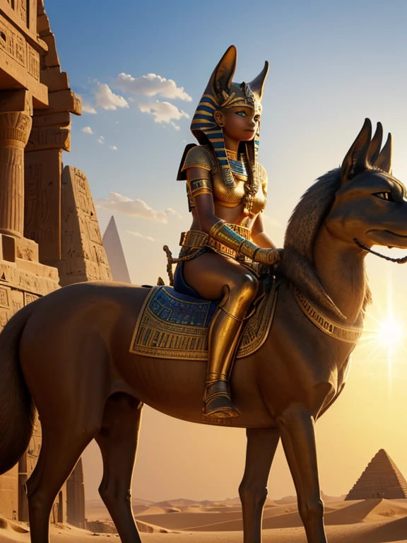 (best quality,4k,8k,highres,masterpiece:1.2),ultra-detailed,(realistic,photorealistic,photo-realistic:1.37),sand,desert,ancient,stone pyramids,golden sunset,mythology,Egyptian god,Anubis statues,tall and majestic pyramids,Anubis with a jackal head,worshiped figure,historical,monumental,detailed carvings,egyptian hieroglyphics,mysterious atmosphere,golden rays of sunlight,treasure hunter,adventure