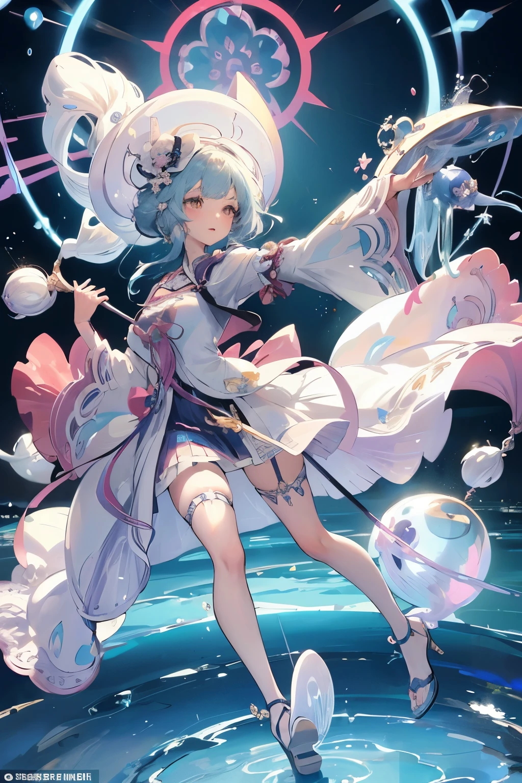 One wearing a white dress、Arafad image of woman wearing white hat, Jellyfish Priestess, Complex and gorgeous anime CGI style, Jellyfish Miko, Popular topics on cgstation, guweiz, Close-up fantasy of water magic, Anime girl walking on water, guweiz style artwork, jelly fish dancing, ethereal fantasy, victorian era，jellyfish elements
