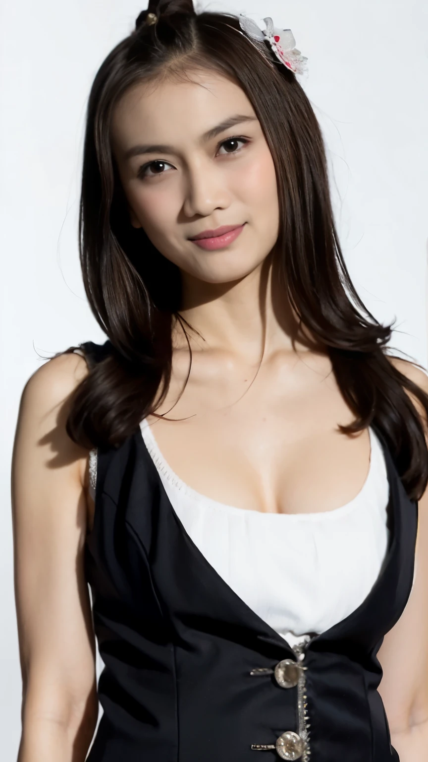 photo of a girl,  jkt48 uniform, solo focus, hand on hips, posing for a photo, (detailed face), simple white background, melodyjkt48, sexy outfit, tank top, breast holded, bra