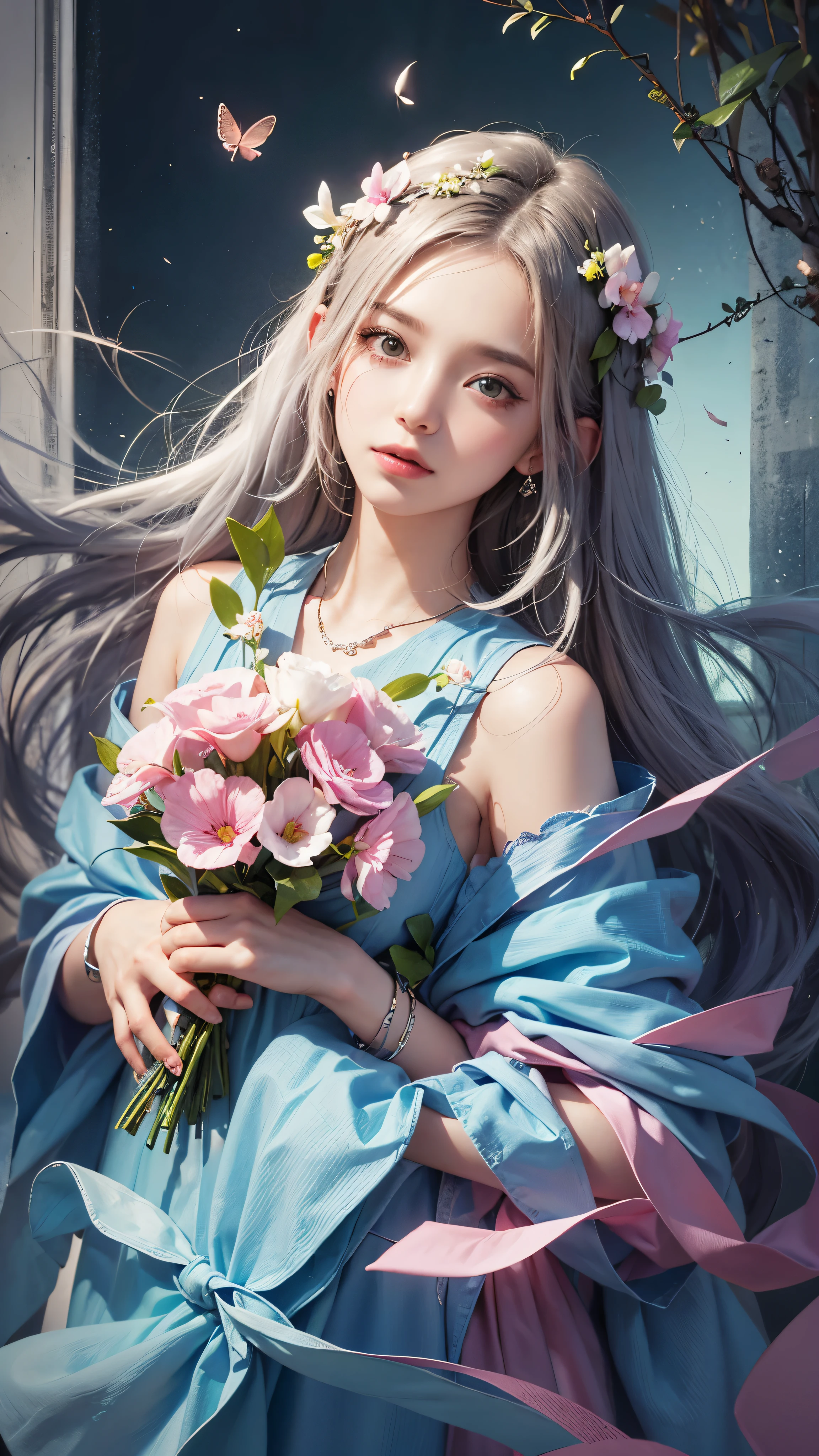 1 girl, long hair, flower, Lisianthus, in the style of Silver and light azure, dreamy romantic work, Silver, Fantastic leaves, playful arrangement, fantasy, high contrast, ink stroke, explosion, exposed, Silver and pink tone impression, abstract, attractive pose,