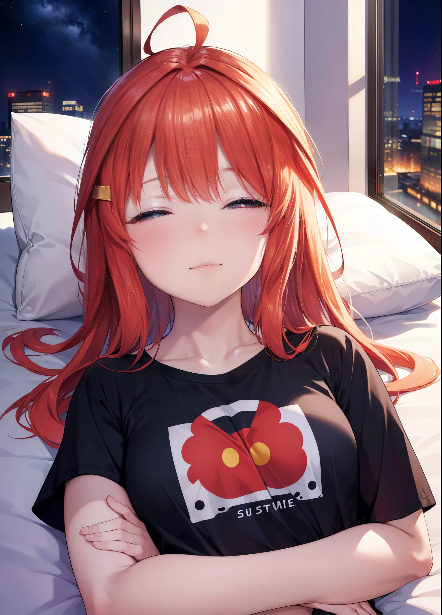 itsukinakano, Itsuki Nakano, bangs, hair between eyes, Ahoge, redhead,  ,girl sleeping with both eyes closed，smile，Bedroom，light goes out，  windows，romantic starry sky，A meteor crosses,T-shirt,red underwear,sleeping in bed,night,sleeping on my back in bed,dark room,night,
break indoors, Bedroom,
break (masterpiece:1.2), highest quality, High resolution, unity 8k wallpaper, (shape:0.8), highly detailed face, perfect lighting, Very detailed CG, (perfect hands, perfect anatomy),