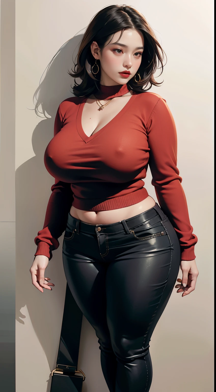 photorealistic, high resolution, soft light,1women, solo, wide hips, (detailed face),tattoo, jewelry, long sleeve sweater, red sweater, red gold hair, (closeup), wide angle,, (busty), ((huge breasts)), large breasts, full body angle, 40 years old woman , thick thighs , thick arms , standing in dark rooms, pants, wearing a three bracelet, wearing two diamond necklace , wearing a watch, wearing airmax shoes , japanese goddess, short hairstyle, fat belly, thick belly, thick hips, thick arm, bbwchan , cardigans, chubby cheeks 